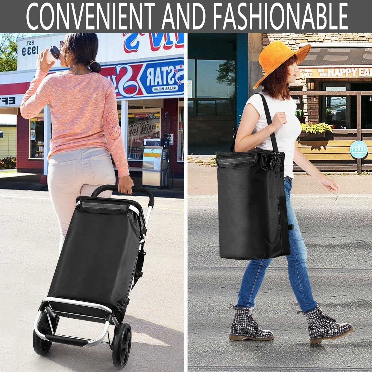 Foldable Shopping Cart ，With Wheeled Handcart, Waterproof, Lightweight and Multifunctional, 45L Folding Grocery Bag Basket, Aluminum Shopping Cart (Black)