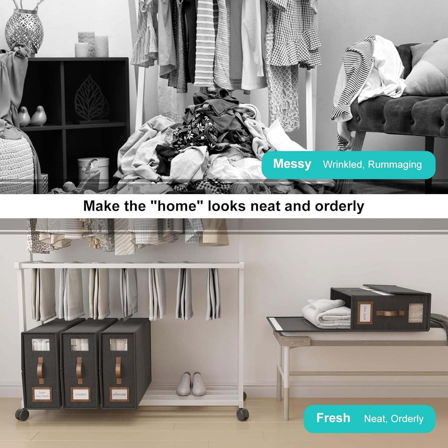 Bed Sheet Organizers and Storage,Foldable Sheet Organizer for Linen Closet,Linen Bedding Storage Box with Leather Handle for Bedsheets,Flannel Blankets,Thin Quilts (Black, 4 Pack) image number 2