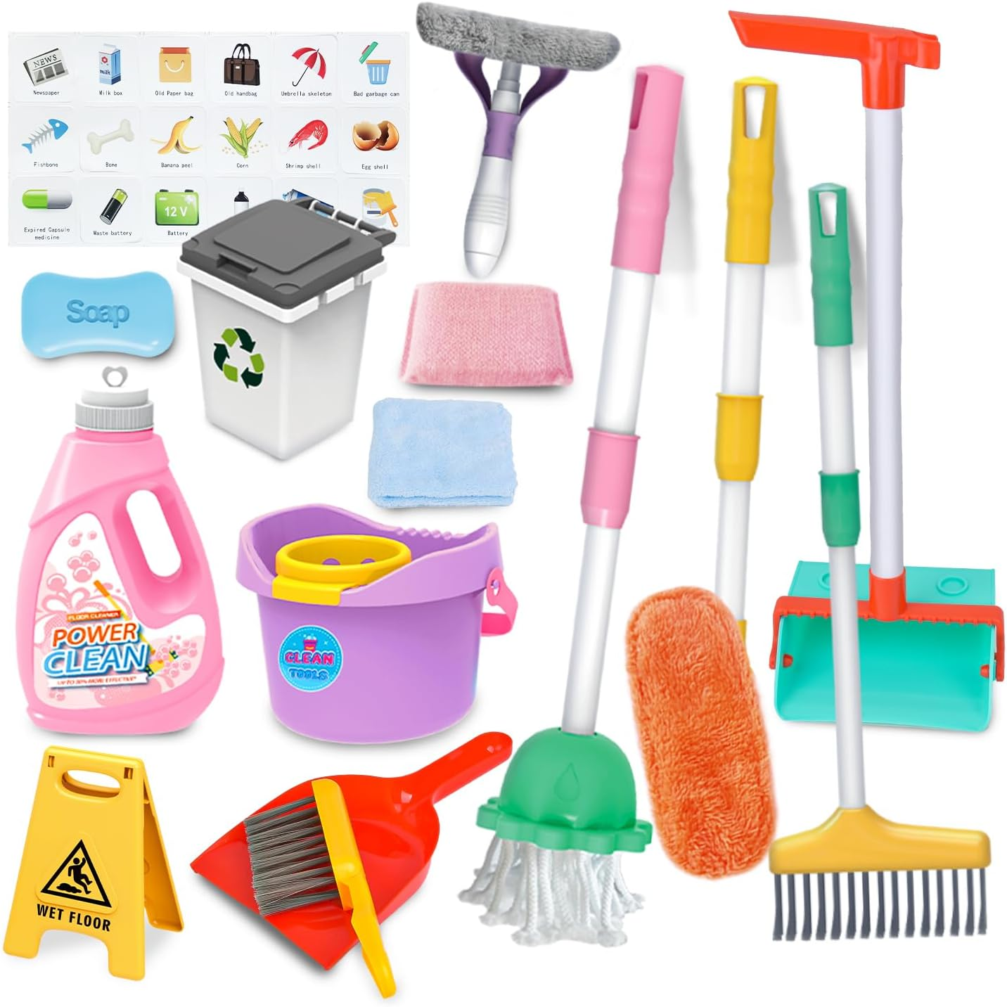 Detachable Kids Cleaning Toy Set - Broom, Mop, Dustpan, Brush, Rag Play, Housekeeping Kit, STEM Really Clean Toys Educational Toddler Pretend Play Toy Gift for Boys Girls-15Pcs image number 1