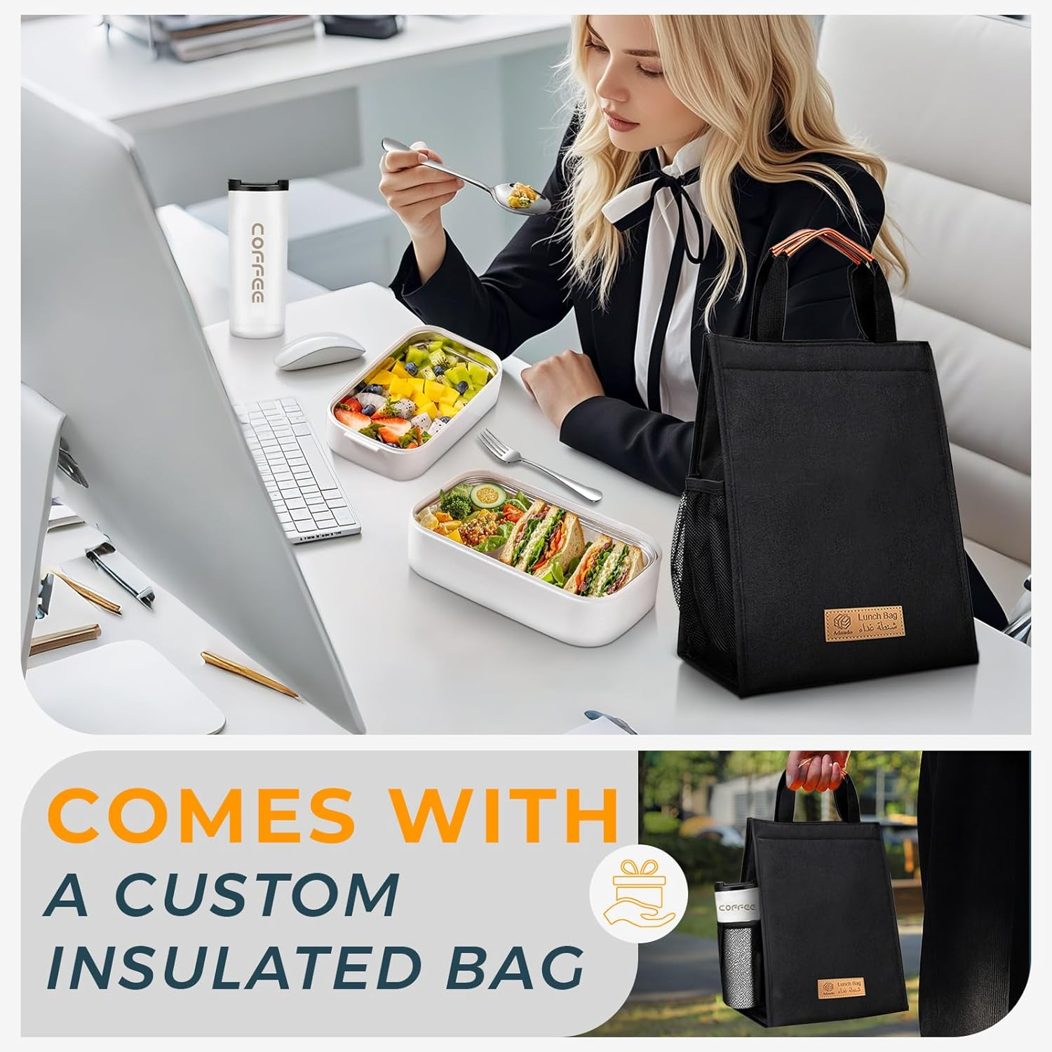 Stainless Steel Lunch Box: 1400Ml 304 Stainless Steel - BPA Free Leakproof Bento Box with Microwave-Safe - Thermal Insulation Detachable for Adults Students for Office School Worksites (White) image number 4