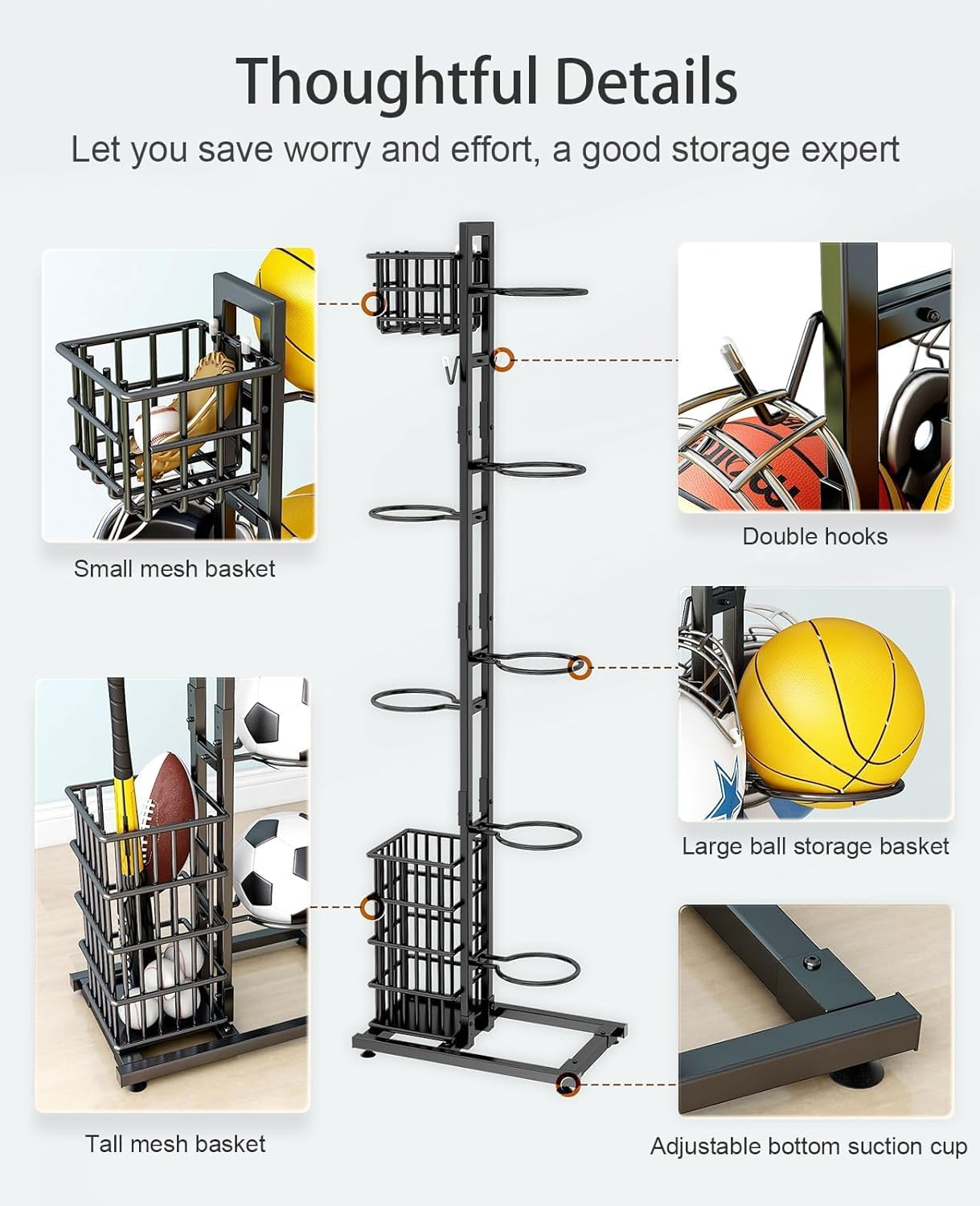 Basketball Storage Rack, Independent Basketball Rack, Sports Equipment Storage Rack with Baskets and Hooks, Suitable for Vertical Ball Racks for Football, Volleyball, Rugby, Basketball, and Badminton. image number 6