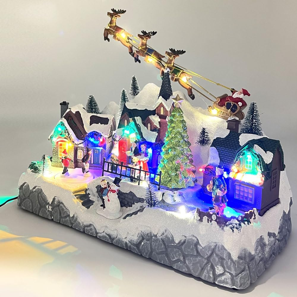 Animated Musical Christmas Village Scene, Lighted, Snowy Hillside with Santa, Reindeer, Houses, Rotating Skaters image number 3