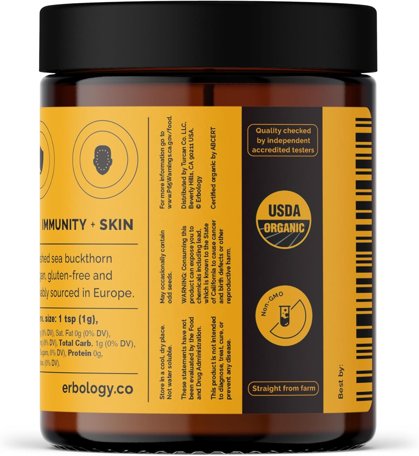 Erbology Organic Sea Buckthorn Powder 50G - 50 Servings - Skin Health and Immunity Support - Rich in Omega-7 (6.5%), Vitamin C and Beta-Carotene - Seeds Removed, More Concentrated - Vegan image number 6