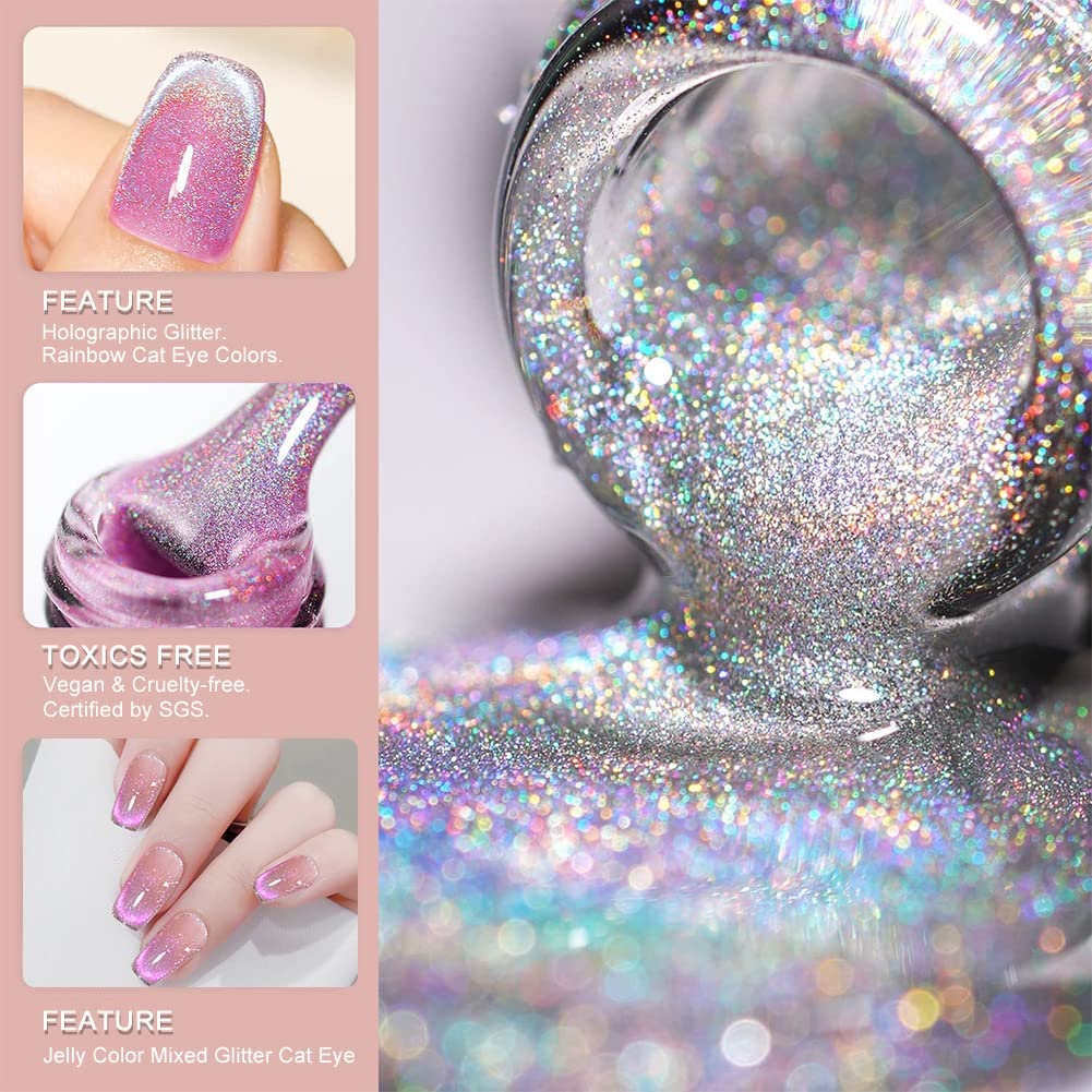 CHARM for YOU Cat Eye Gel Nail Polish, 9D Magnetic Cat Eye Gel Polish Set with Magnet Stick ,Crystal Holographic Effect ,Shiny Glitter Laser Cat Eye Polish 6Pcs for Home DIY Manicure Nail Salon (9D Dynamic Drill Cat Eye)