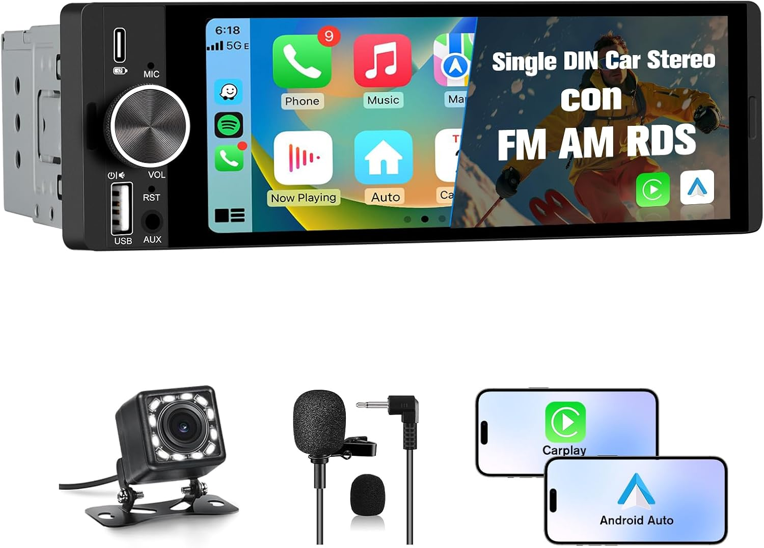 Junsun Single DIN Car Stereo with Carplay and Android Auto, Radio 1 Din with Reversing Camera FM AM RDS Type-C USB Port Function image number 3