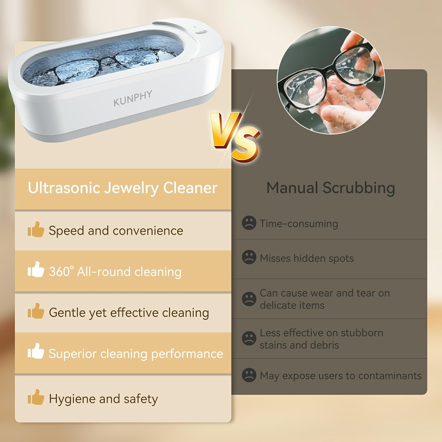 KUNPHY Ultrasonic Jewelry Cleaner, Jewellry Cleaner Machine 350Ml 46Khz, Professional Sonic Cleaner with One-Touch Operation, Ultrasonic Cleaner for Rings, Glasses, Jewelry, Dentures image number 3