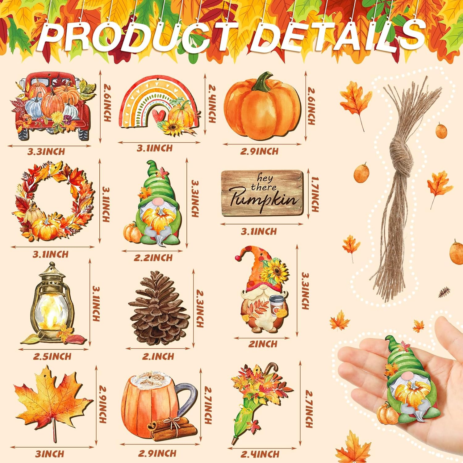 36 Pcs Thanksgiving Tree Ornaments Fall Wooden Hangings Decorations Pumpkin Gnome Maple Leaf Decorative Hanging Ornaments Autumn Harvest Party Favor Gift Tag for Holiday(Fresh Style)