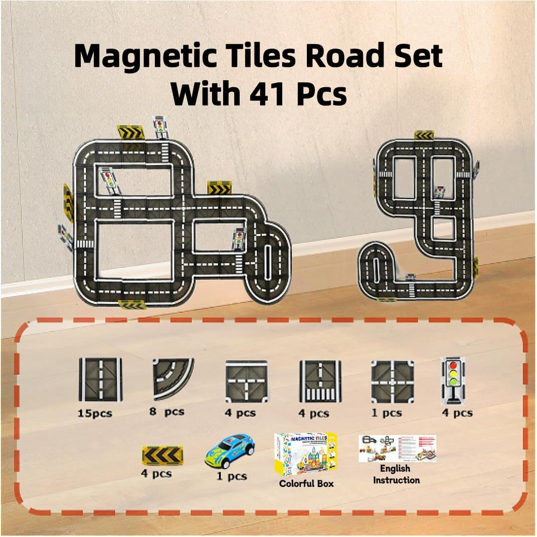 Magnetic Tiles Road Set for Kids, 41 PCS Magnetic Building Blocks with Car Toys, Construction Magnetic Blocks Toys, Boys Gifts image number 1