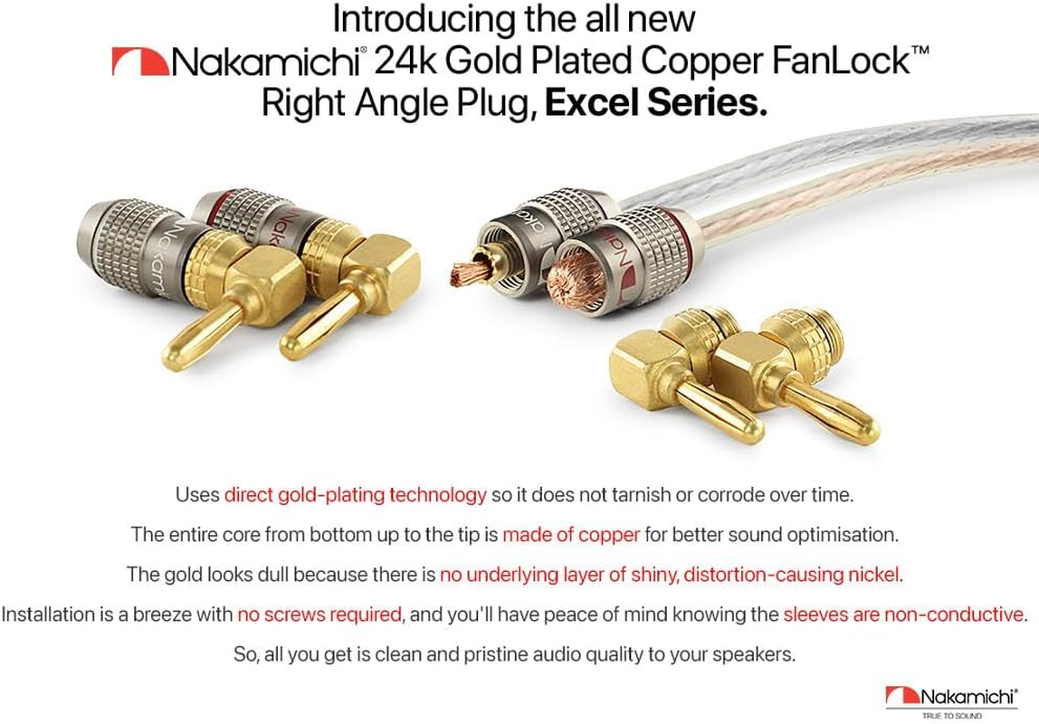 Nakamichi Fanlock Excel Series 24K Gold Plated Right-Angle 90 Degree Banana Plugs 10 AWG - 18 AWG Gauge Size 4Mm for Speakers Amplifier Hi-Fi Home Theatre Wire Cable Quick Connector, 12 Pcs (6-Pairs) image number 3