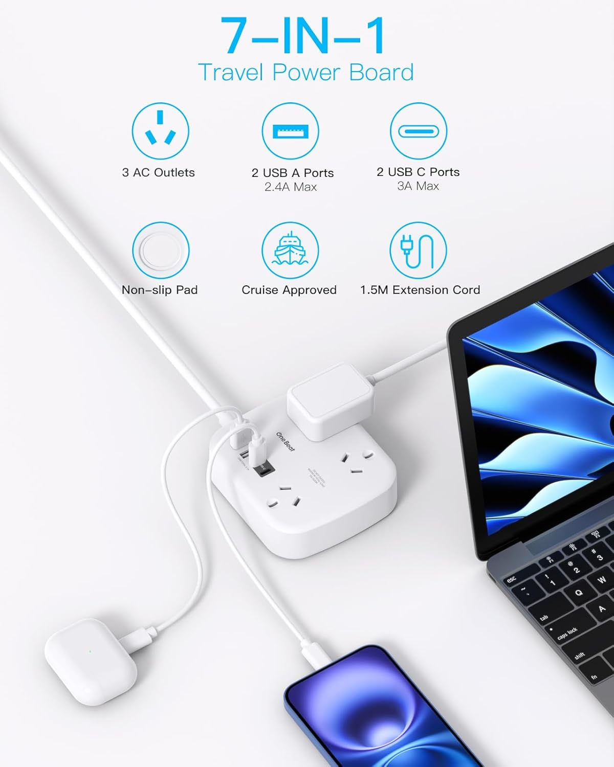 One Beat Power Board with Usb,Travel Power Strip with 3 AC Outlets,2 USB a and 2 USB C Ports,1.5M Flat Extension Cord,No Surge Protection Cruise Ship Essentials for Office,Home,Travel,Cruise image number 2