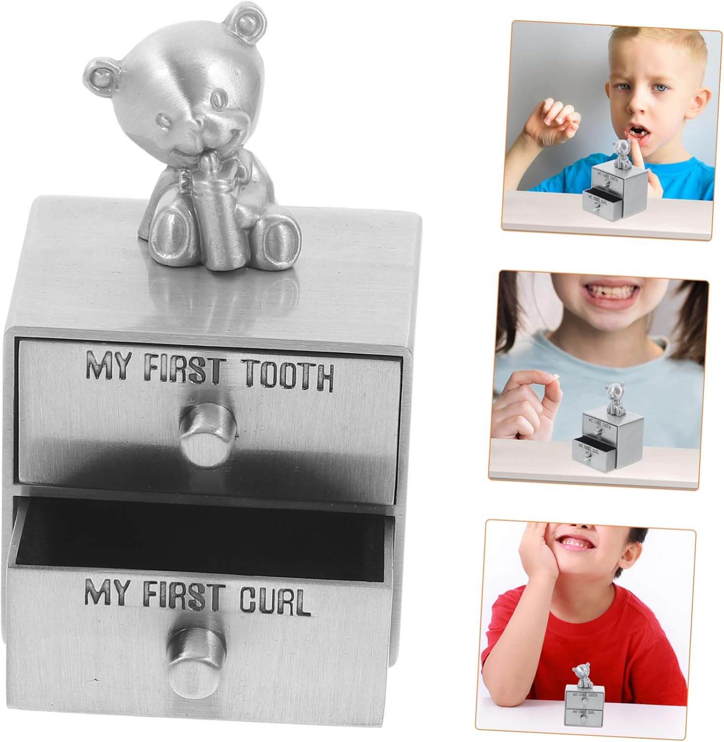 Metal Baby Keepsake Box with Double Layer Infant Tooth and Hair Curl Holder, Antique Tin Color for Baby First Tooth and Hair Collection, Desk Trinket Organizer for Newborn