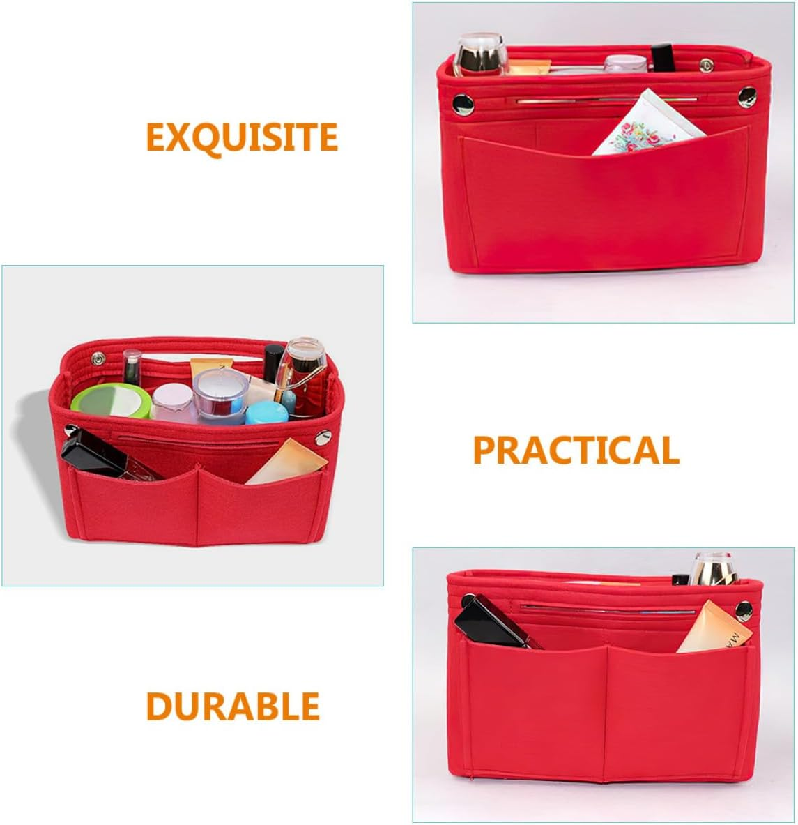 Ibasenice Large Capacity Purse Organizer Insert Felt Bag Organizer Tote Handbag Insert Multi-Compartment Liner Red 24X15X8Cm image number 1