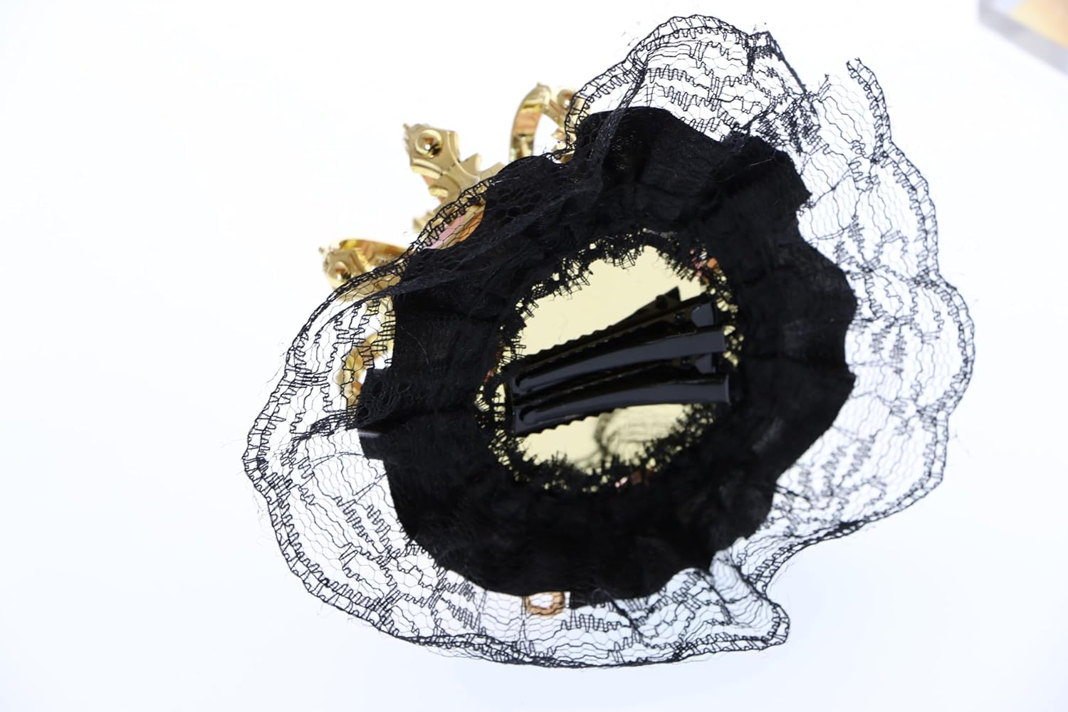 C-107-1 Gold Crown Pink Rose Bow Black Lace Ruffle Gothic Lolita Party Celebration Hair Accessory Clip, Einheitsgr&ouml;&szlig;e, Polyester Plastic image number 1