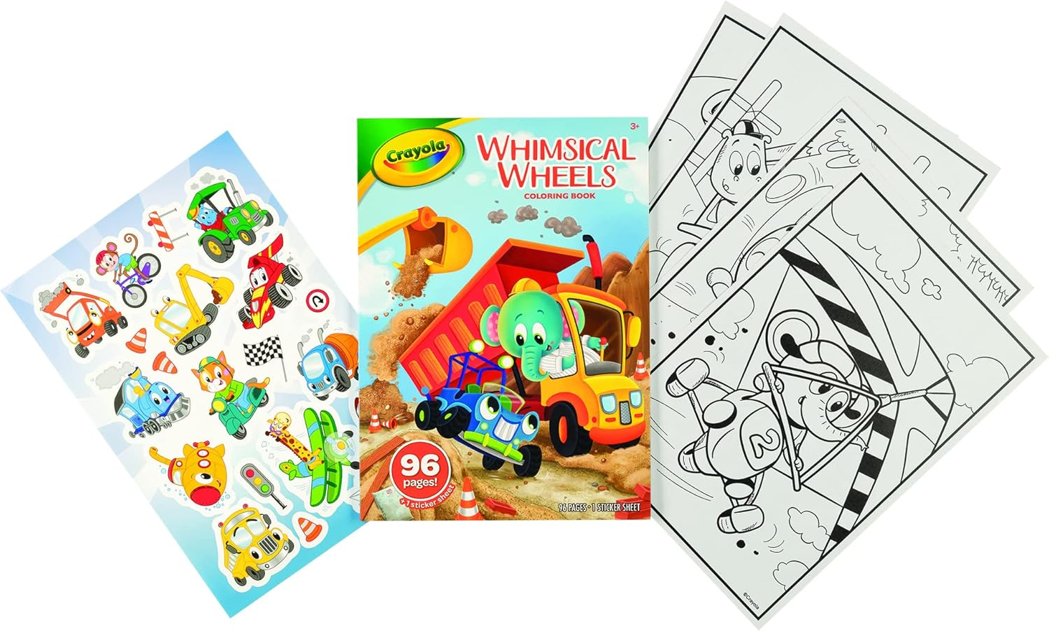 Crayola 96Pg Whimsical Wheels Coloring Book, Activity Pages Featuring Kids' Favourite Characters, Includes Stickers for Extra Fun (Pack of 3)