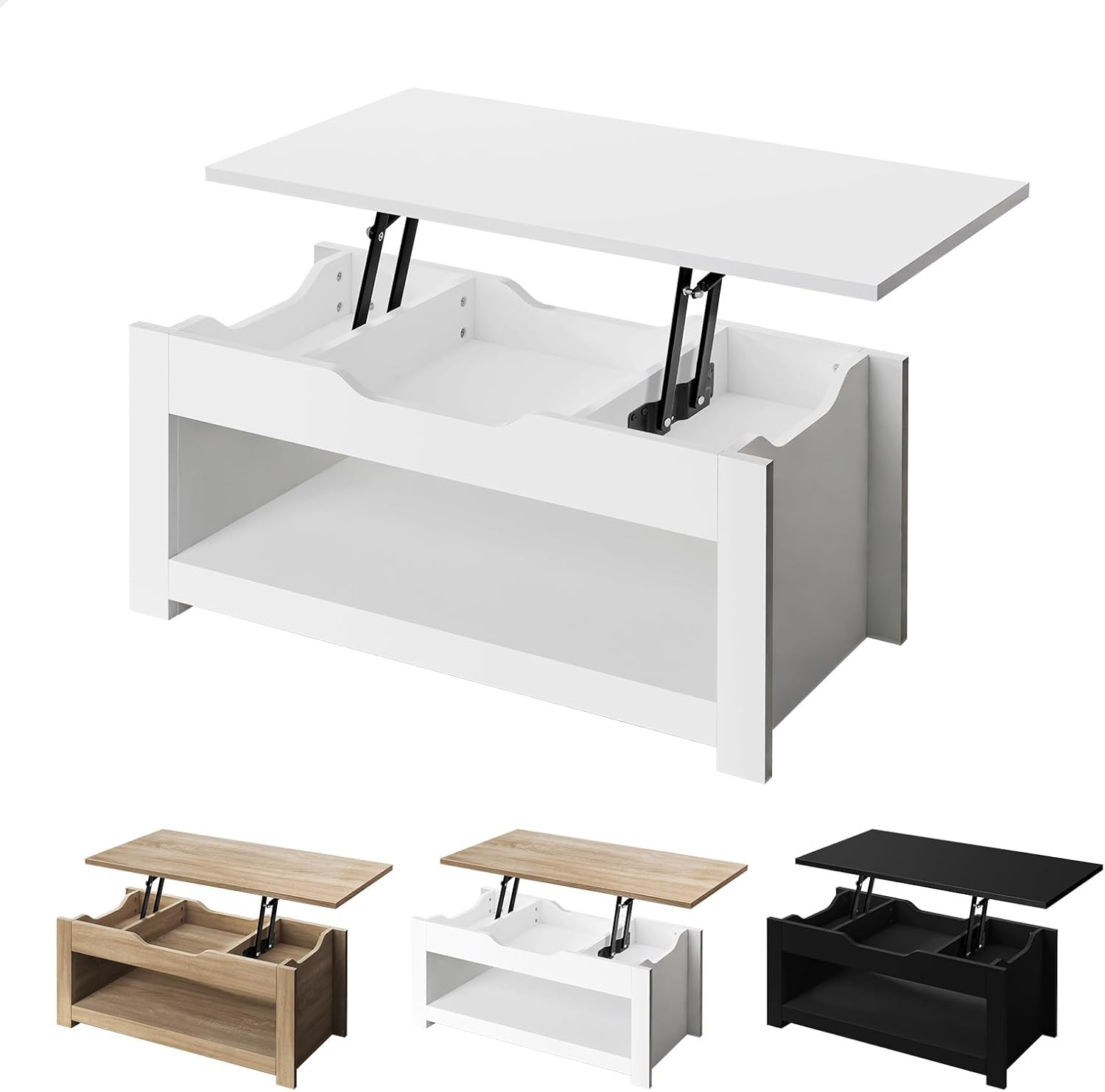 ALFORDSON Multifunctional Lift-Top Coffee Center Table Black Color, Dining Table for Living Room, Office, Reception & Dining, Featuring Rising Tabletop Surface, Hidden Compartment & Open Shelf