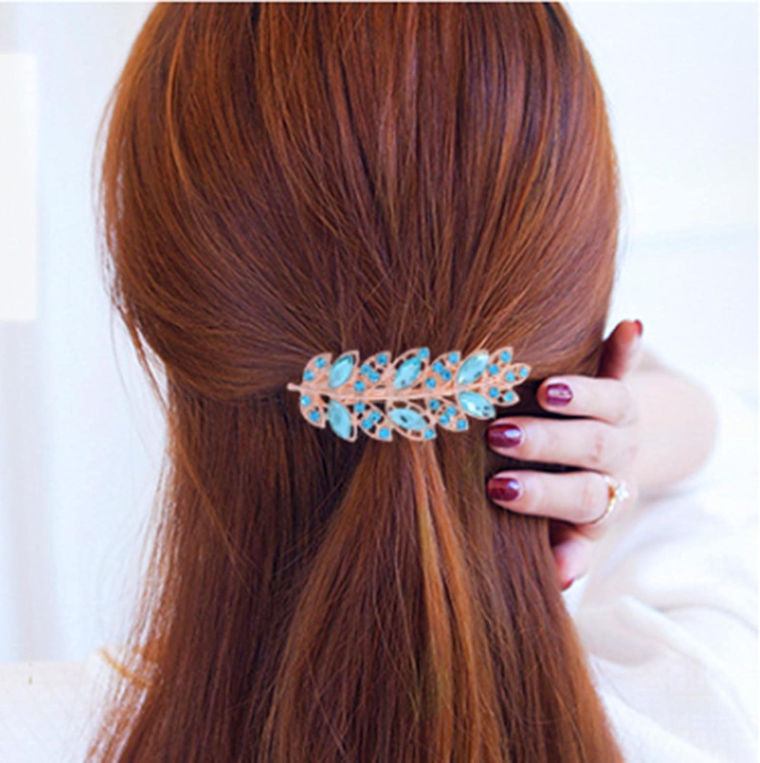 Wendalern Wedding Rhinestone Hair Clips Blue Leaf Hair Clip Crystal Hair Clips Headwear Gold CZ Leaf Hairpiece Decorative Hair Accessories for Women and Girls image number 4