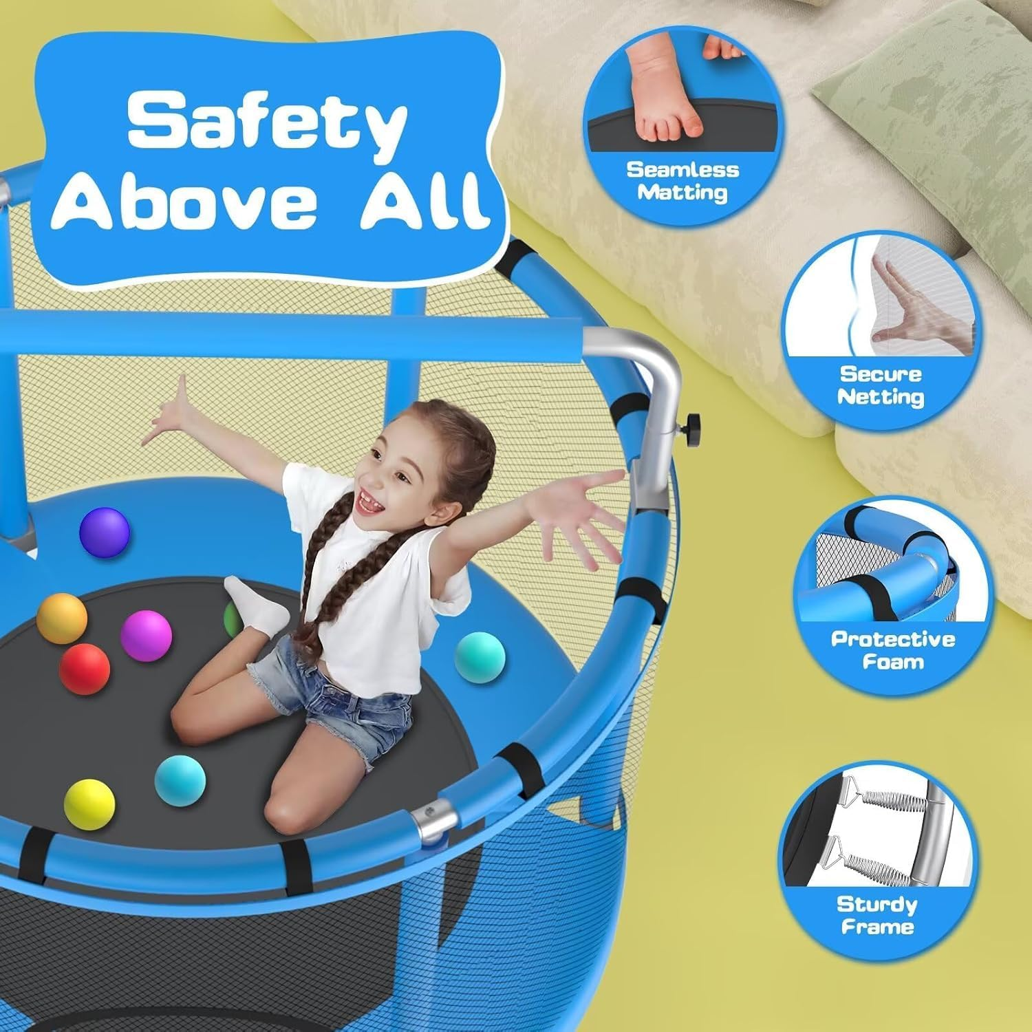 60" Trampoline for Kids with Enclosure, 440Lbs Capacity Indoor & Outdoor Toddler Trampoline with Adjustable Gymnastics Bar & Toys, for Boys & Girls (Blue) image number 2