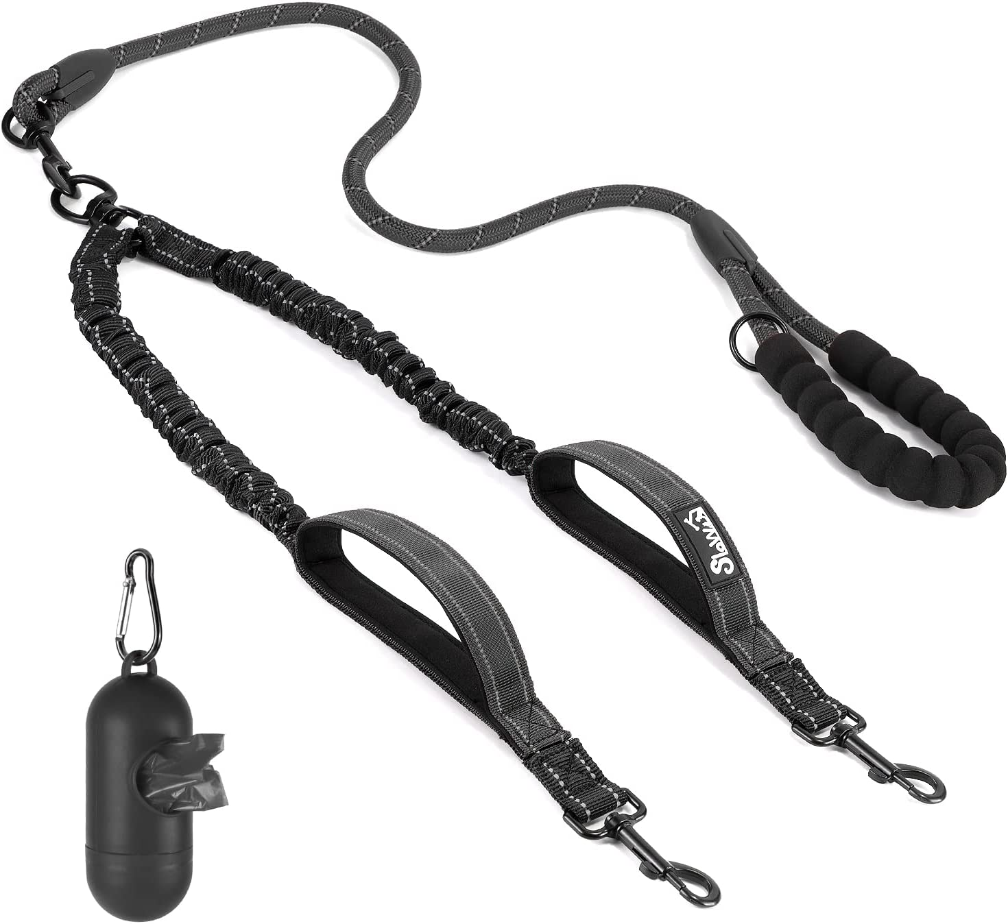 Slowton Double Dog Leash No Tangle - 360&deg; Swivel Heavy Duty Reflective Lead with Two Padded Handles Dual Dog Splitter, Comfortable Shock Absorbing Walking Training for 2 Large Dogs (25-150 Lbs)