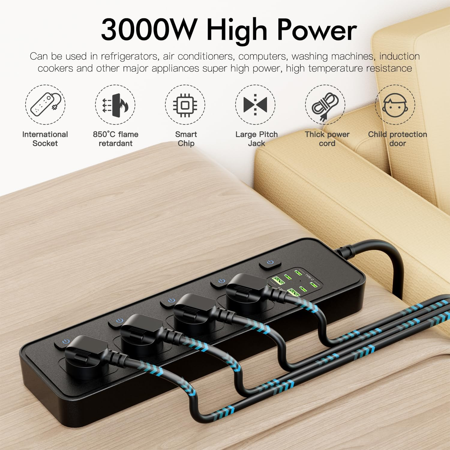 Power Board 3250W with Individual Switch,10-In-1 Power Strip with 4 AC Outlets, 6USB Ports(4 USB C) Surge Protector Powerboard, 2.9M Extension Cord Power Strip,Wall Mount for Home Office (Black) - Black image number 6