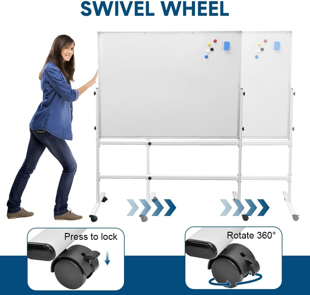ALSTON 120X90CM Mobile Whiteboard Portable Rolling Magnetic Whiteboard Height Adjustable Panel Rotatable with Magnetic Eraser and 2 Sets Marker for Office Classroom Home image number 6