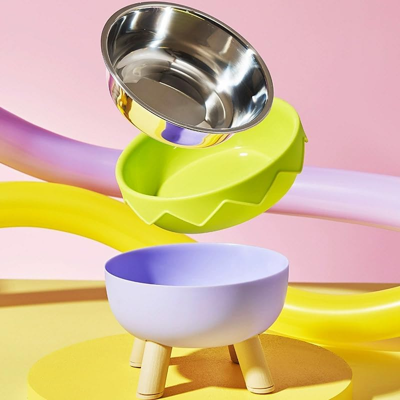 AIMALL Raised Eggshell Pet Bowl for Cats and Small Dogs &ndash; 5.6In Elevated Macaron Colour Stainless Steel Feeding Bowl with Neck Protection and Non-Slip Base image number 2
