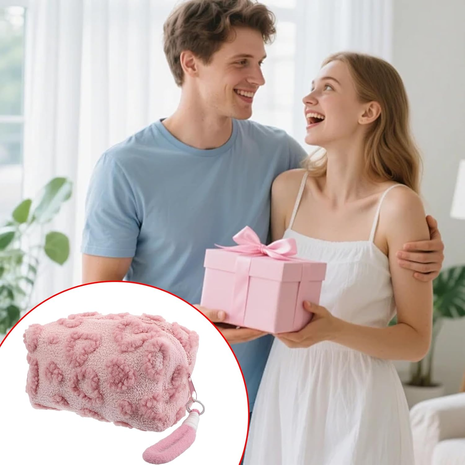 KASESSS Plush Makeup Bag, Heart Motif Make up Bag, Toiletry Bags, Large Cosmetic Bags with Handle, Portable Travel Puffy Flat Organizer with Zipper for Women Home Travel Office Cosmetic Storage, Pink image number 5