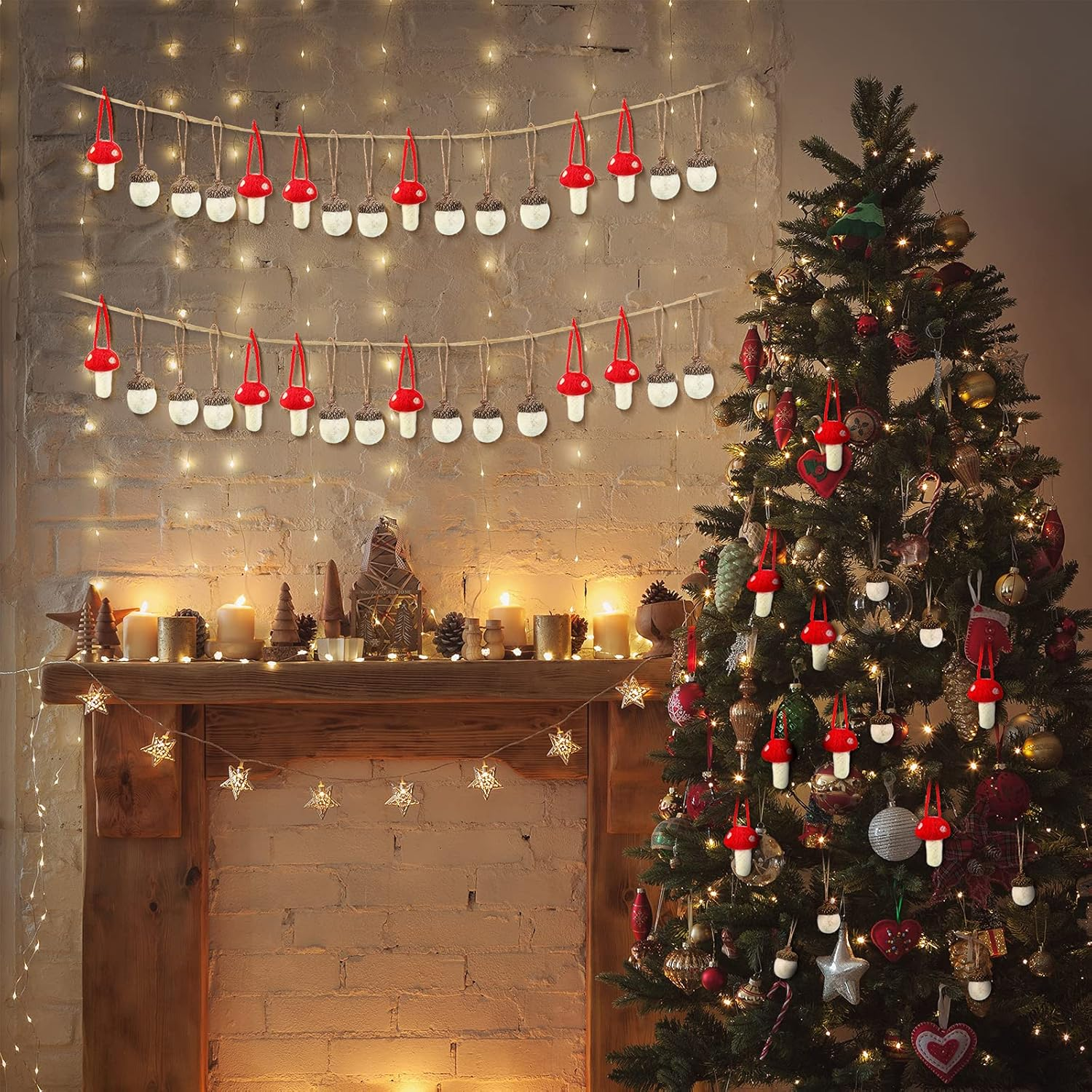 20 Pieces Christmas Felt Acorn Ornaments Wool Felt Acorns Tree Hanging Ornaments with Rope, 10 Pieces Christmas Mushroom Hanging Ornaments for Fall Thanksgiving Christmas Tree Wall Home Decor