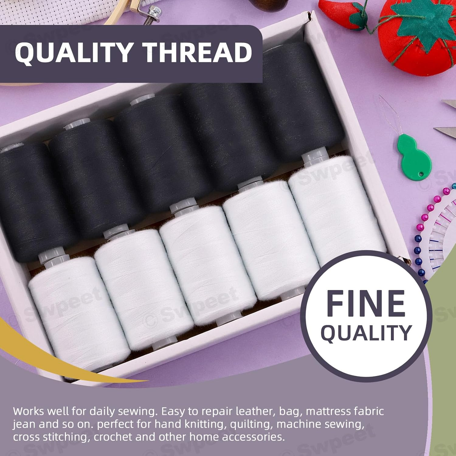 Swpeet 10Pcs 1000 Yards Black White 2 Colors All Purpose Threads with Sewing Needles Kit, Handy Polyester Sewing Threads Embroidery Thread, Hand Sewing Needle Threaders Set for Crafters Lovers - 24 Colors Styles image number 3