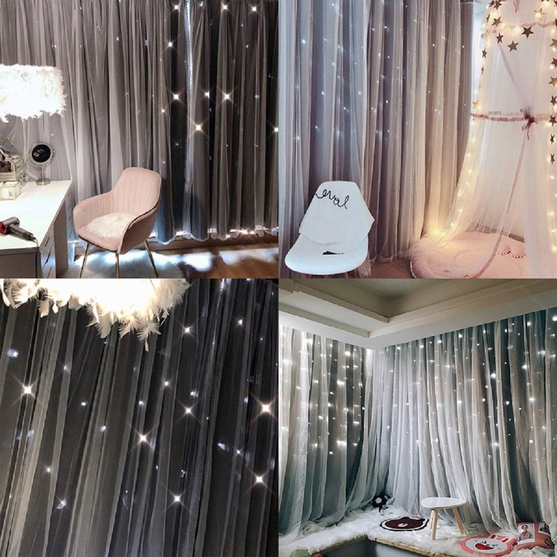 UNISTAR 2 Panels Stars Blackout Curtains for Bedroom Girls Kids Baby Window Curtain Double Layer Star Cut Out Aesthetic Living Room Decor Wall Home Decorations Curtain,W52 X L63 Inches,Grey
