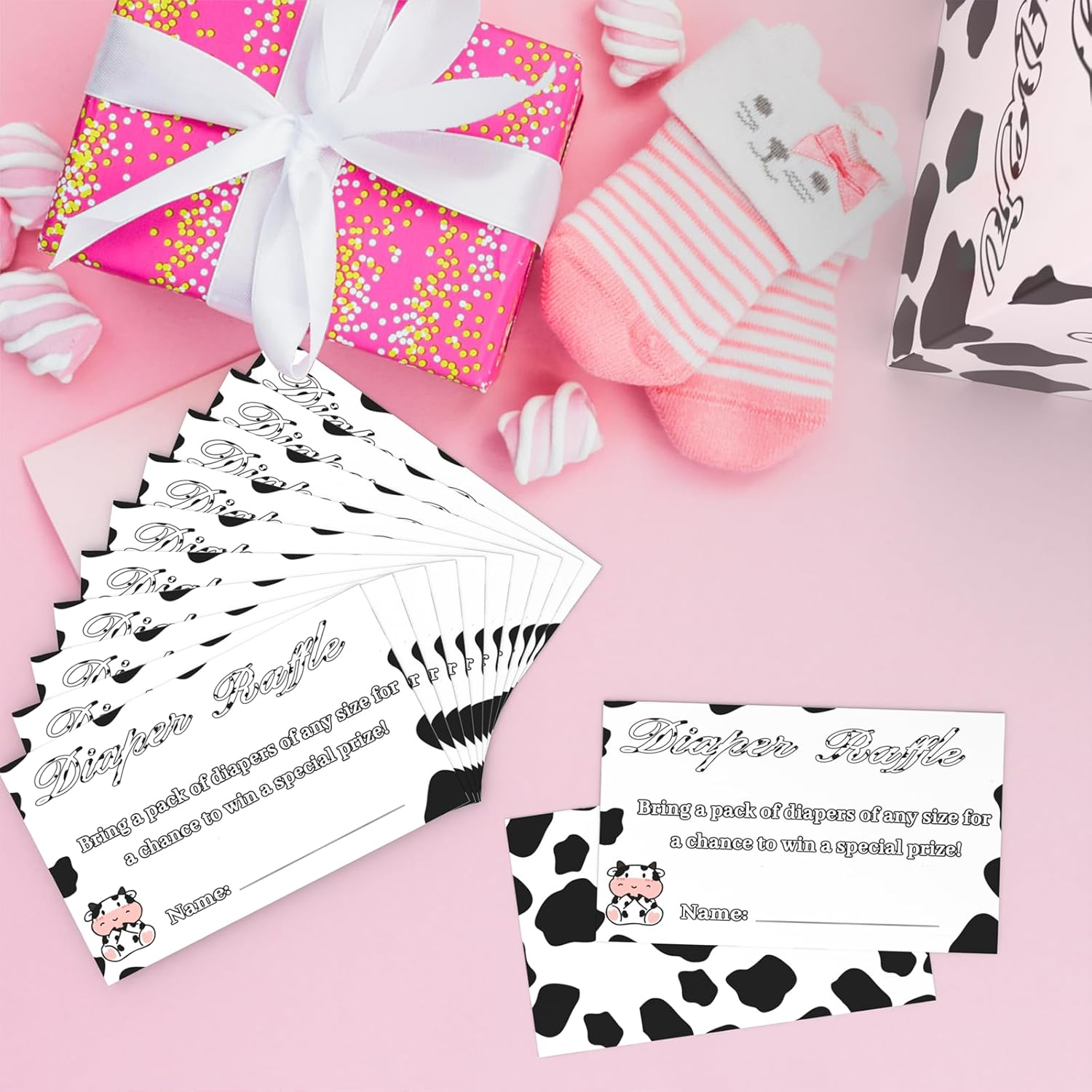 QISOLIY 50 Pieces Cow Baby Diaper Raffle Tickets with Box Baby Shower Game Invitations Cow Diaper Raffle Cards Diaper Raffle Box Set for Baby Shower Gender Reveal Farm Animal Party Supplies Card Box - Cow Print image number 2