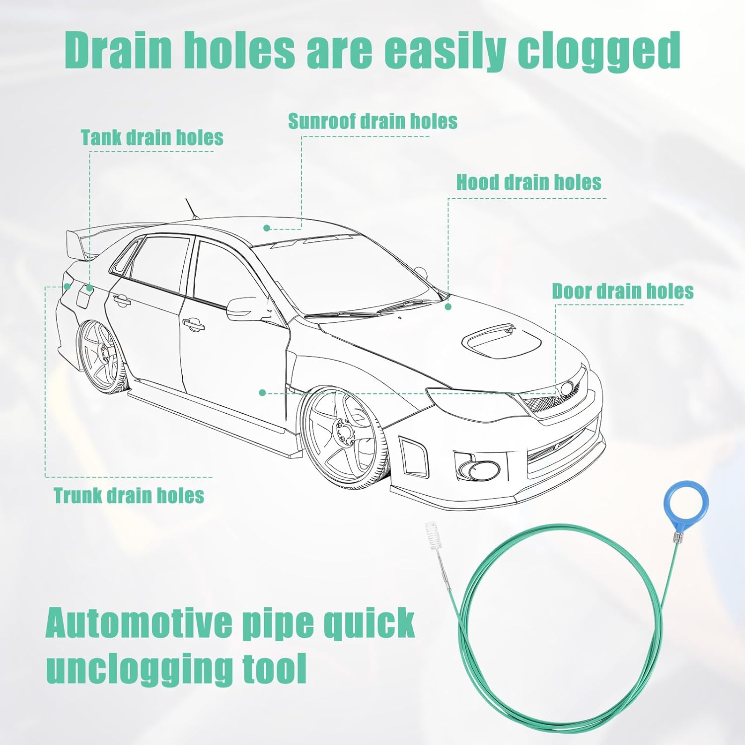 Auto Sunroof Drain Cleaning Tool, 118In Long Pipe Cleaners Include Cleaning Brush, Syringe & Syringe Hose Soft Drain Brush Pipe Cleaner for Car Wiper Sunroof Trunk Drains Hole image number 6
