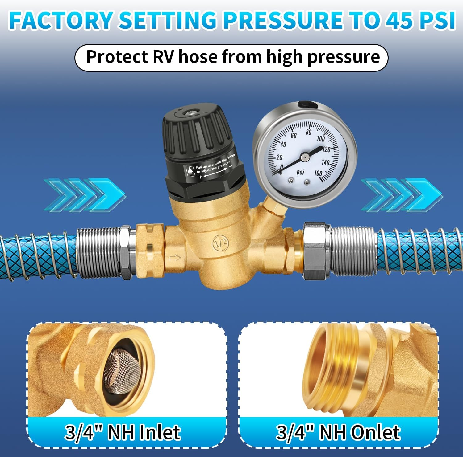 Adjustable Handle RV Water Pressure Regulator with Gauge, Upgraded Lead-Free Brass Water Pressure Regulator for RV Camper, Hose Pressure Regulator Reducing Valve, Fit for RV Camper Travel Trailer image number 6