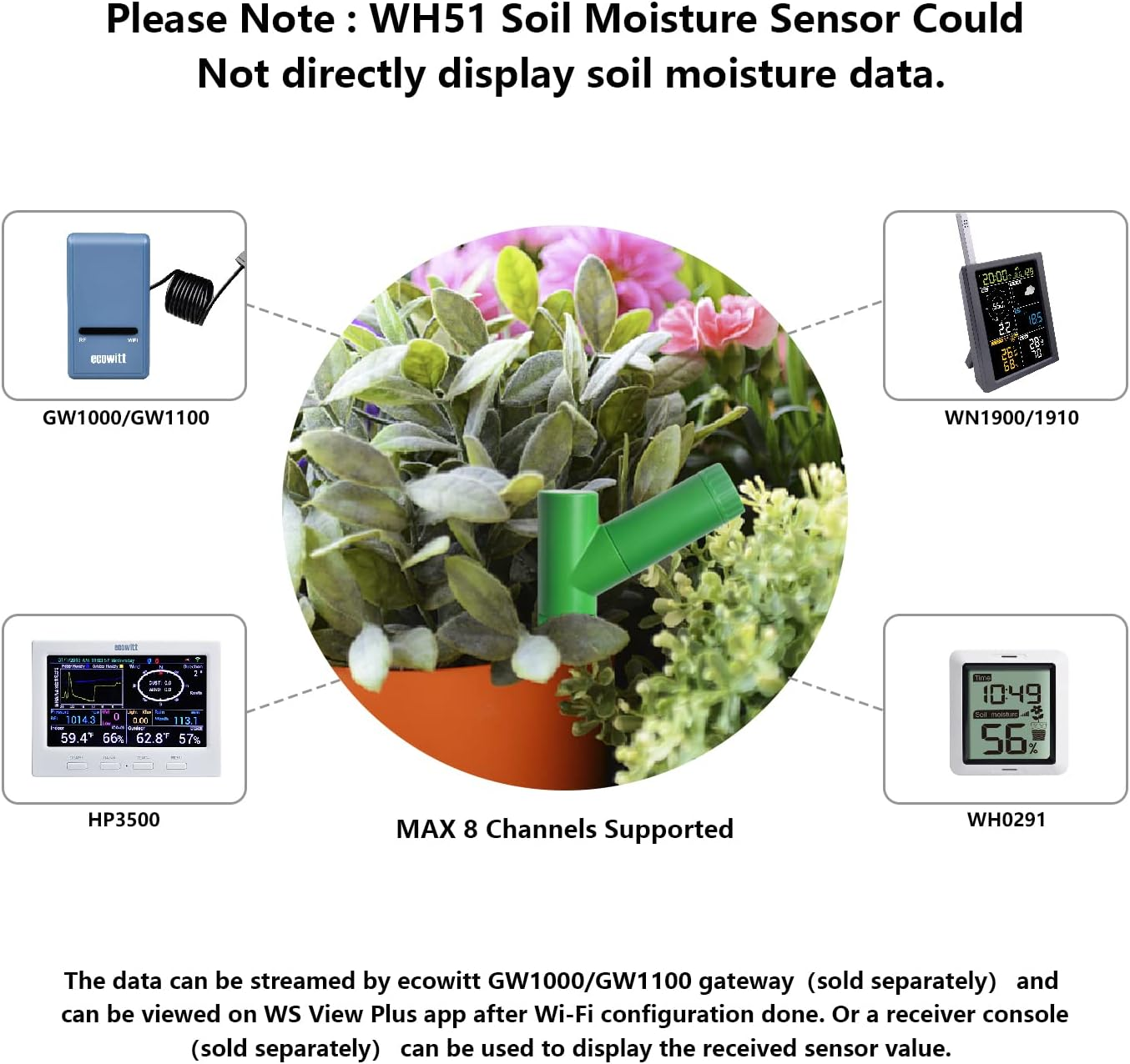 ECOWITT GW1106 Soil Moisture Monitor Kit, Includes GW1100 Wi-Fi Gateway and WH51 Soil Moisture Sensor, 433 Mhz image number 3