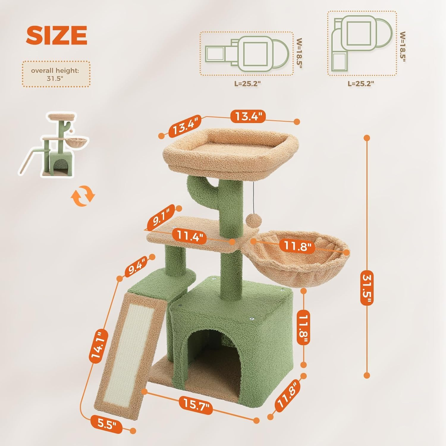 Cat Tree for Indoor Cats, Small Cat Tower with Large Cat Condo, Scratching Posts, Large Top Perch for Kittens,Cozy Hammock and Scratching Ladder for Kittens, Cactus Green image number 2