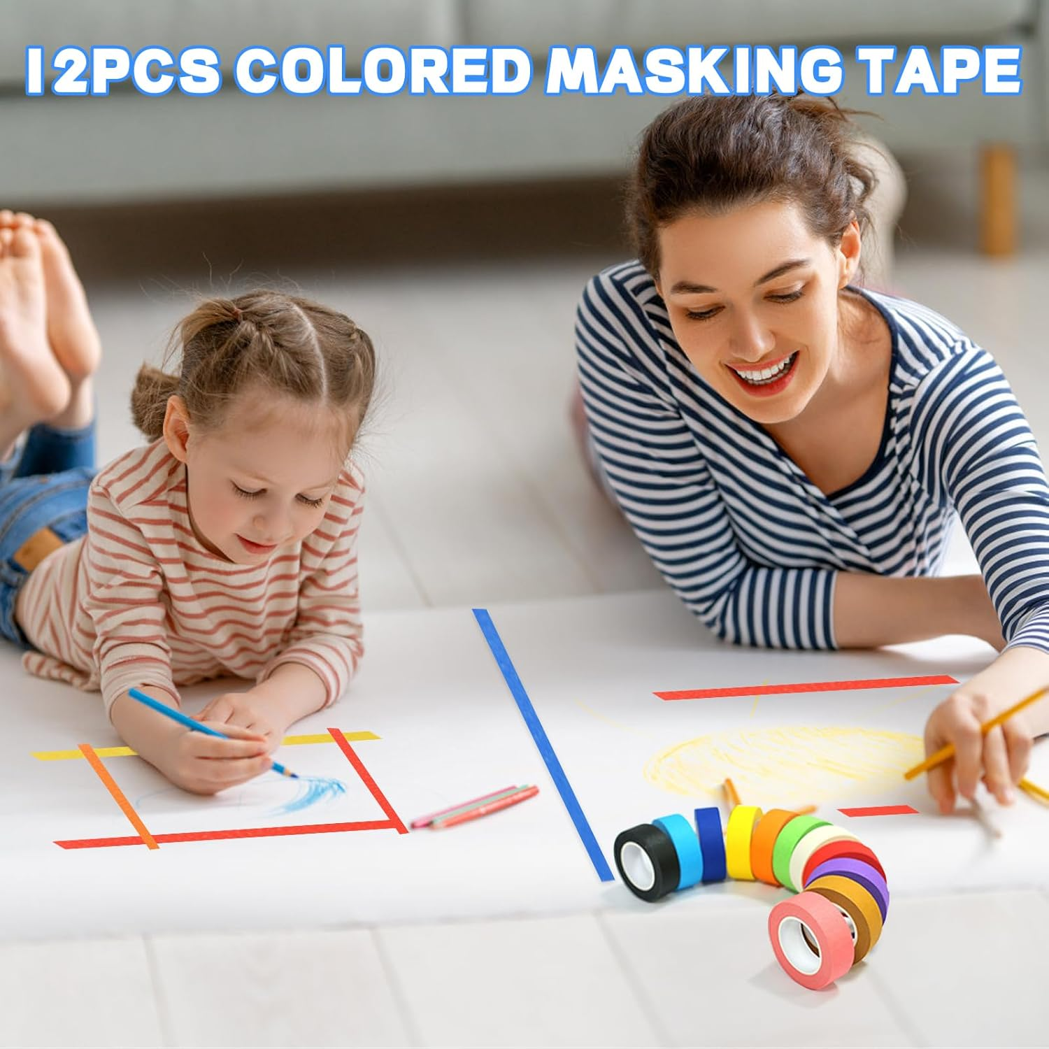 12PCS Colored Masking Tape, Colored Tape for Kids Art Supplies, DIY Craft Tape, Colored Painters Tape for Labeling, Classroom, Decorative, Rainbow Color Tape Rolls 2/3In X 13Yards(1.7Cm X 12M) image number 5