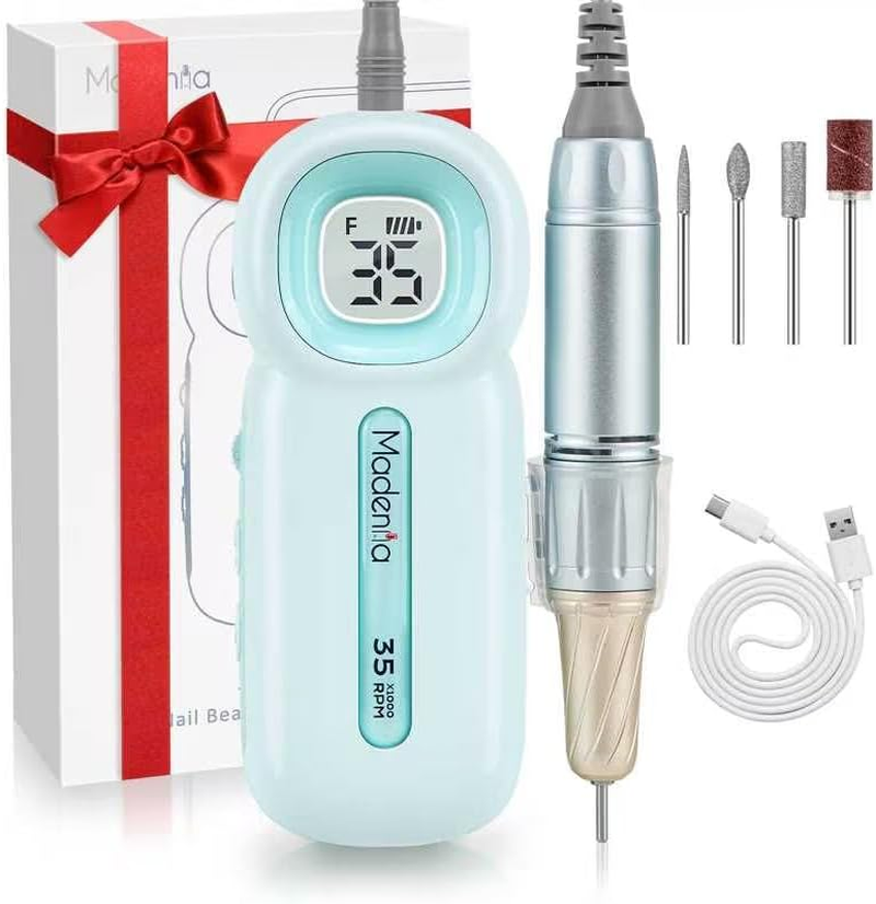 Madenia Rechargeable Electric Nail Drill Professional Portable E File Machine for Acrylic Gel Nails, Cordless Manicure Pedicure Polishing Tools, Blue image number 4