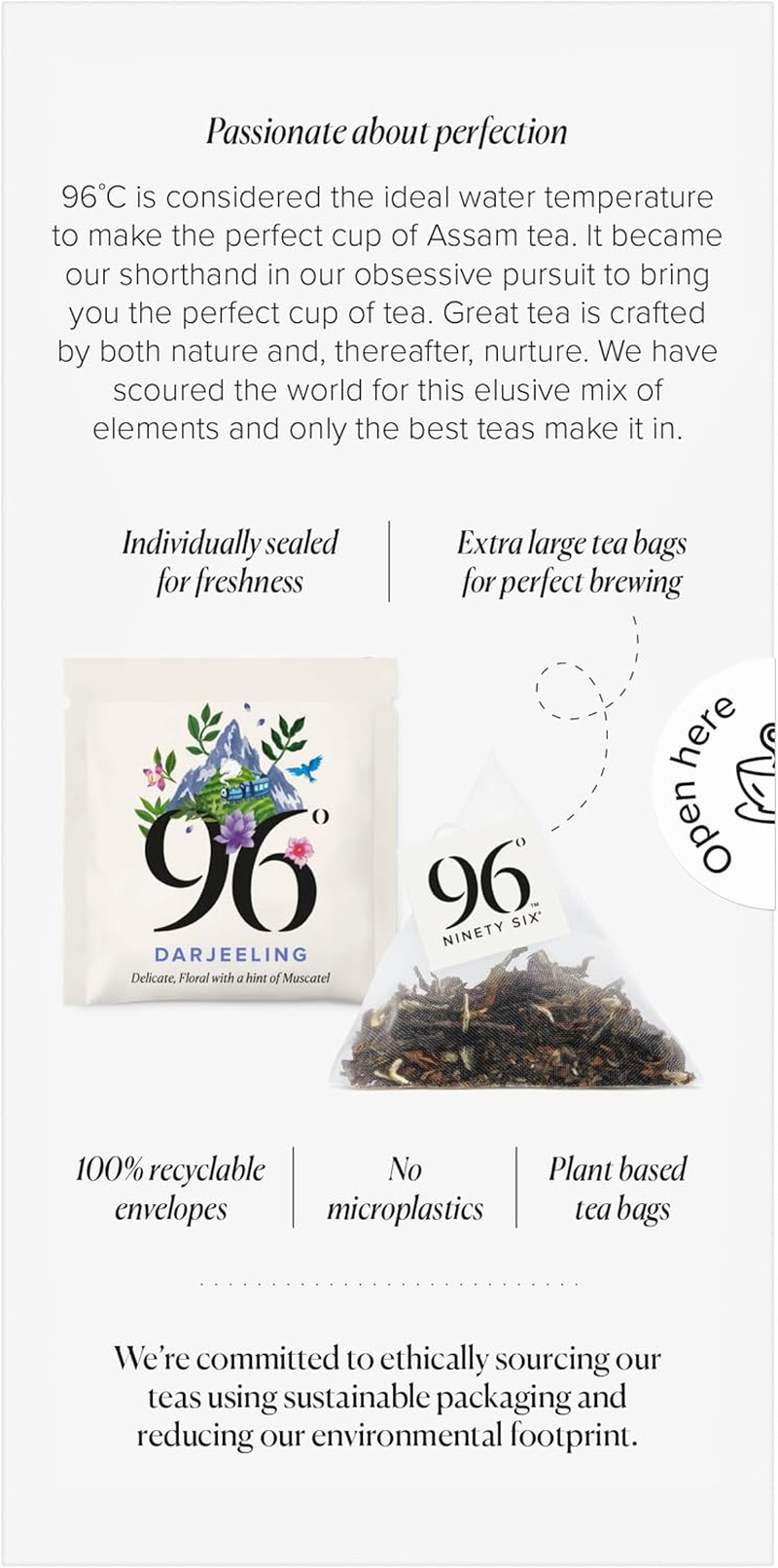 96&deg; Darjeeling Tea &ndash; 20 Pyramid Tea Bags, Delicate, Floral with a Hint of Muscatel Black Tea, Individually Wrapped Envelopes, Plant-Based Tea Bags with No Microplastics image number 6