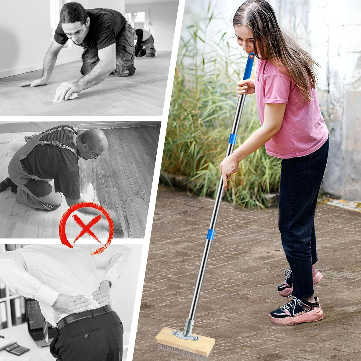 65" Stainless Steel Wire Broom with 4 Detachable Pole, Deck Scrub Brush with Long Handle, Stiff Metal Brush, Floor Scrub Bristles Brush, Tile Deck Cleaning Tool for Cleaning Moss Grout Algae Weed image number 3