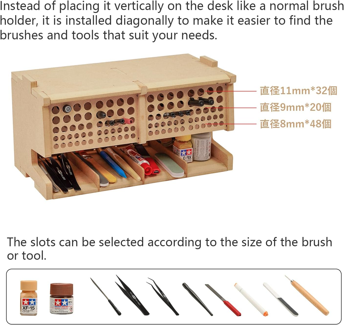 Bucasso Wooden Model Kit Tool Storage Rack with 60 Holes, Brush/Paint Organizer with MDF Material, Craft Supplies Storage, Brush/Tool Holder, Suitable for Tamiya/Gundam Tools, GK6 image number 3