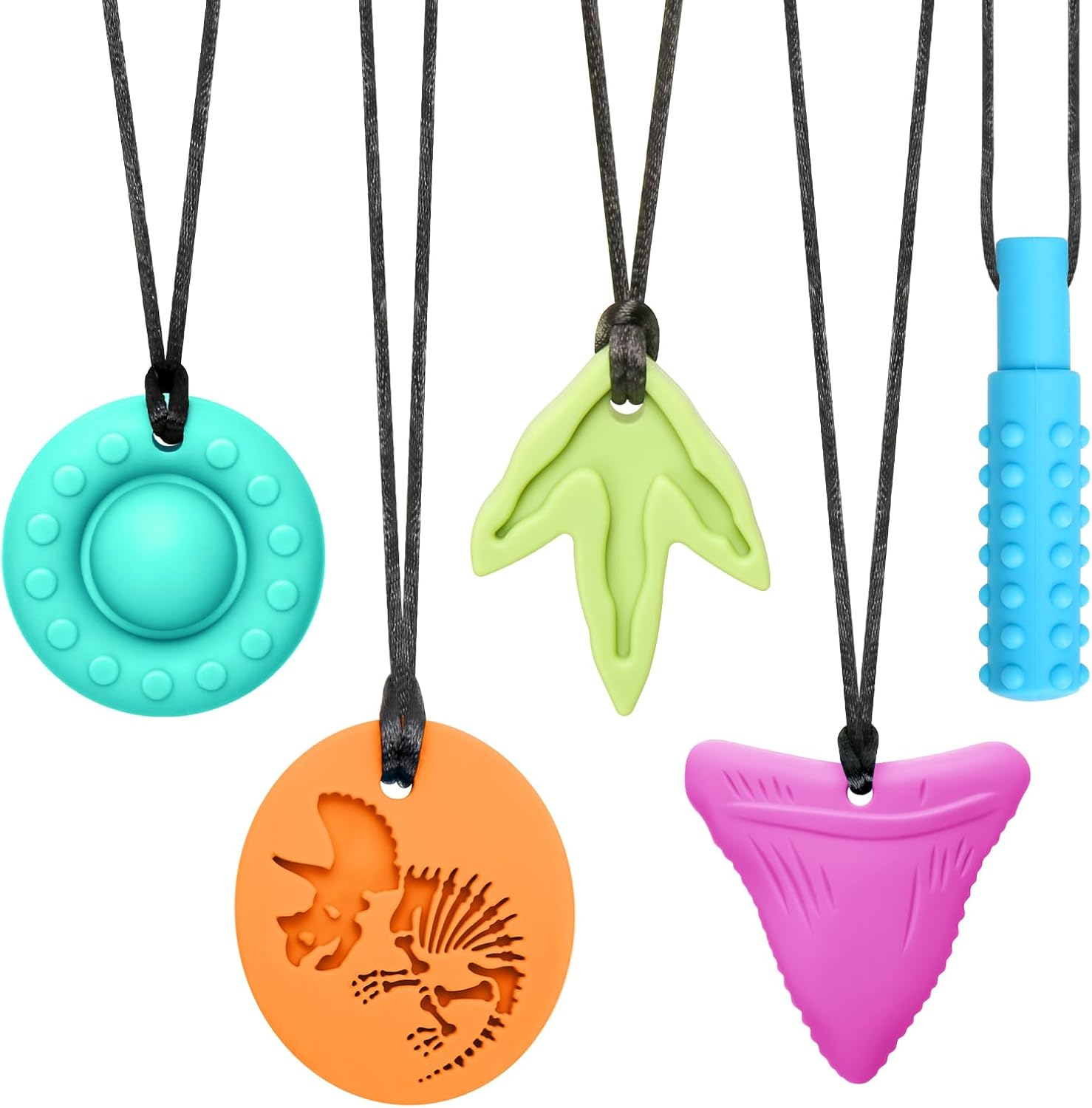 Chew Necklaces for Adults and Babies - Triceratops 5 Piece Set, Bpa-Free Silicone Sensory Chew Necklaces for Anxiety Relief, Easy to Hold, with Massage Blocks to Relieve Teething Pain image number 6