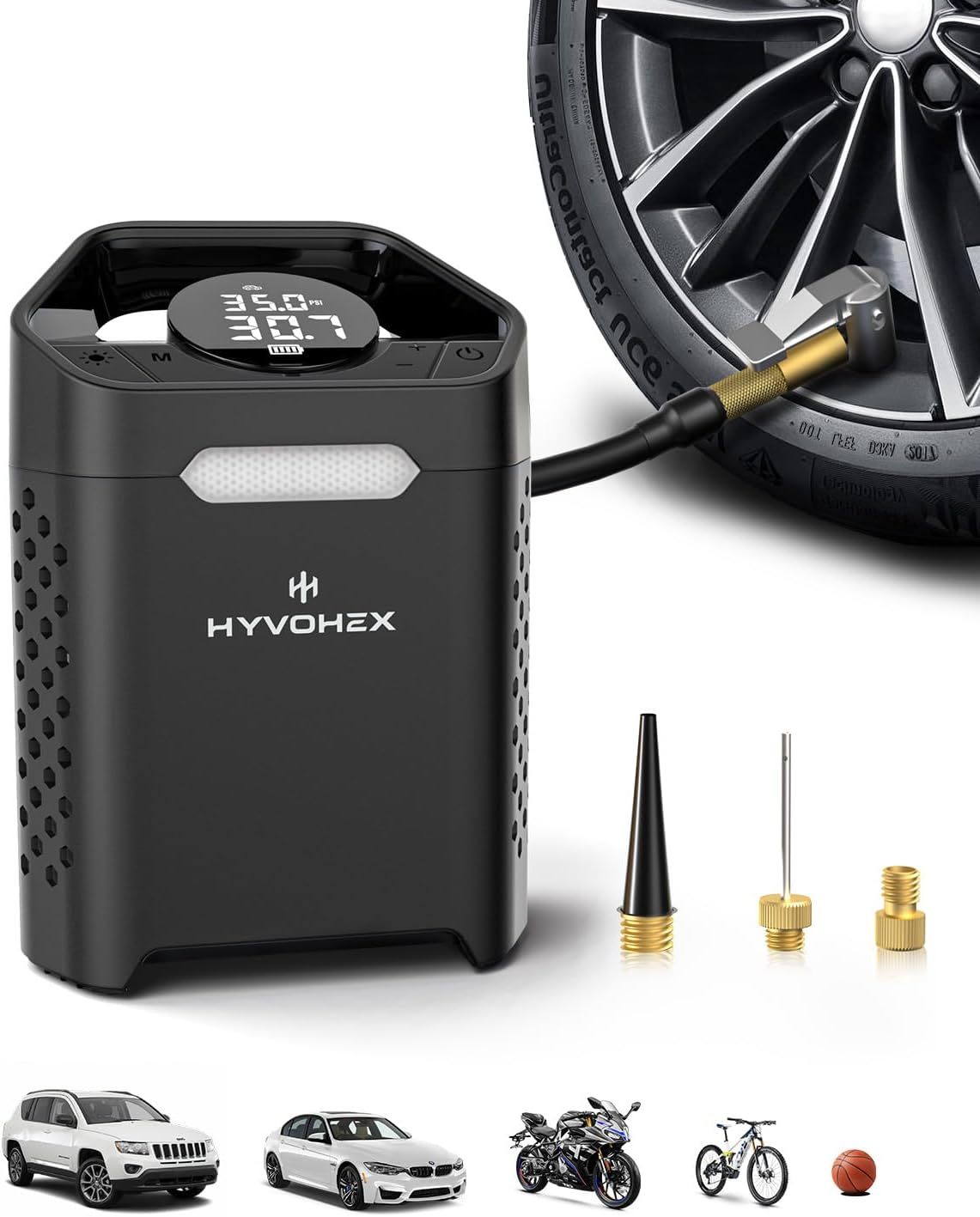 HYVOHEX Tyre Inflator Portable Air Compressor, 1 Min Fast Inflation Cordless Air Pump for Car Tyres with Digital Pressure Gauge, 160 PSI Electric Air Pump with LED Light for Car, SUV, Bike,Ball image number 5