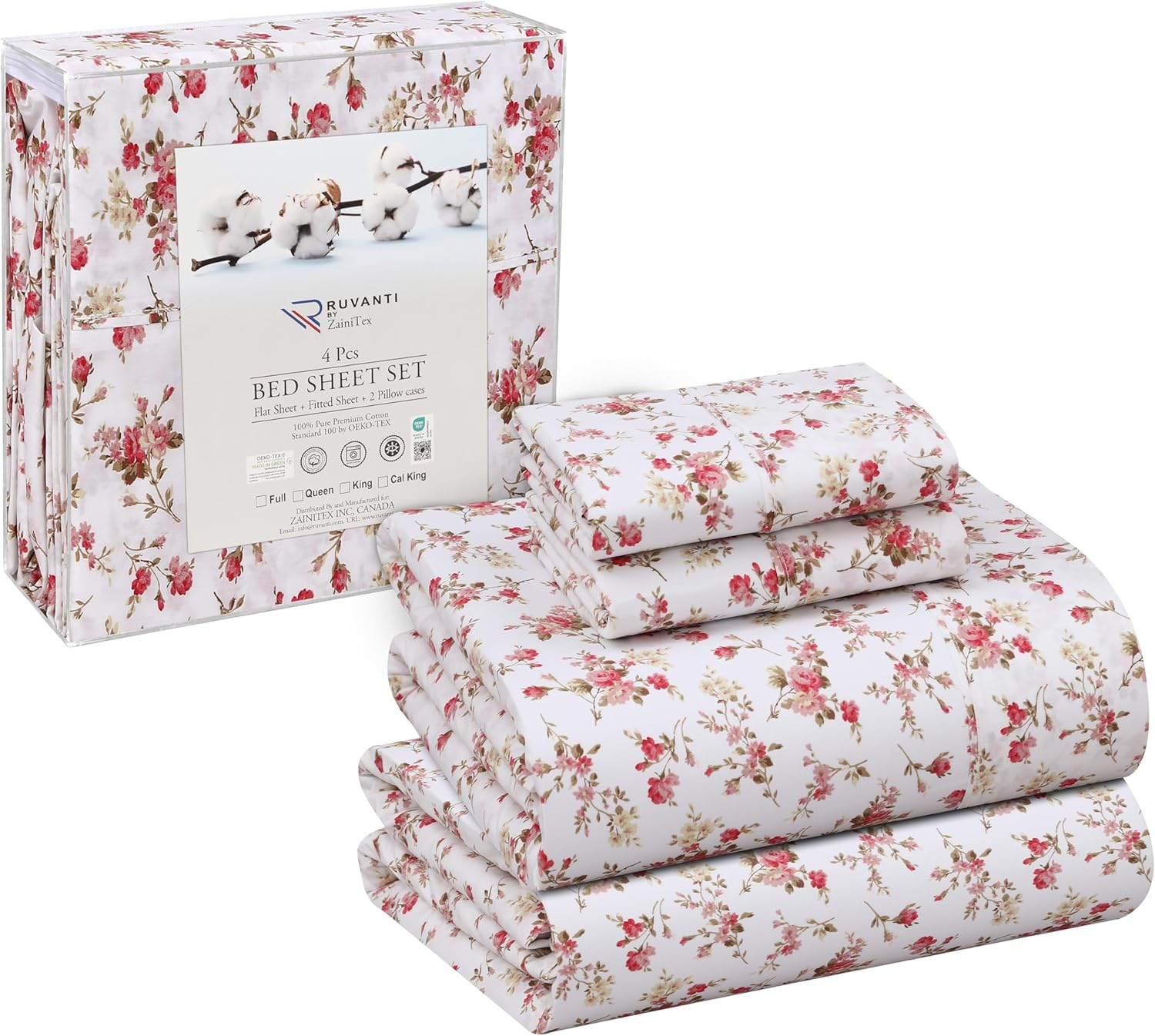 RUVANTI 100% Cotton King Size Sheets Set, 4 Pieces, Soft & Breathable Percale Weave Bedding, Deep Pocket 16", Hotel Standard, Crisp Cool Feel, Durable, Perfect Floral Bed Sheet, Bouquet