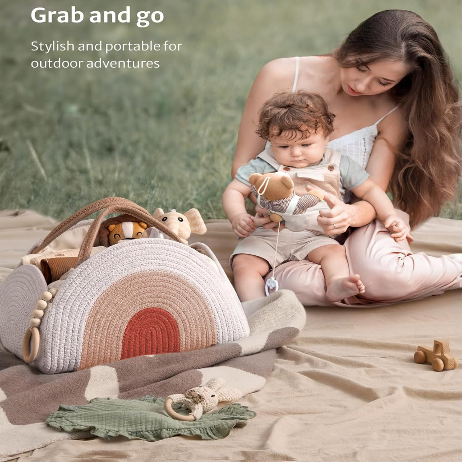 Baby Diaper Caddy Organizer, Cotton Rope Nursery Storage Basket, Large Baby Shower Caddy for Newborn Boys and Girls, Baby Shower List, Earthy Rainbow