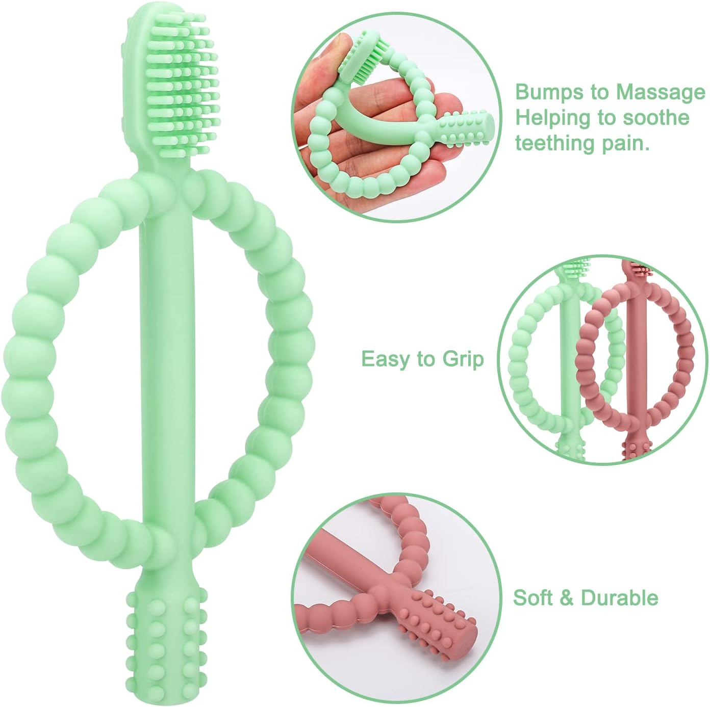 Baby Teething Toys with Easy-Hold Handle, Silicone Infant Toothbrush, Textured on Both Sides Helps Massage, Soothe Sore Gums, Teething Toys for Babies Girl and Boy - Bright Green  Caramel image number 4