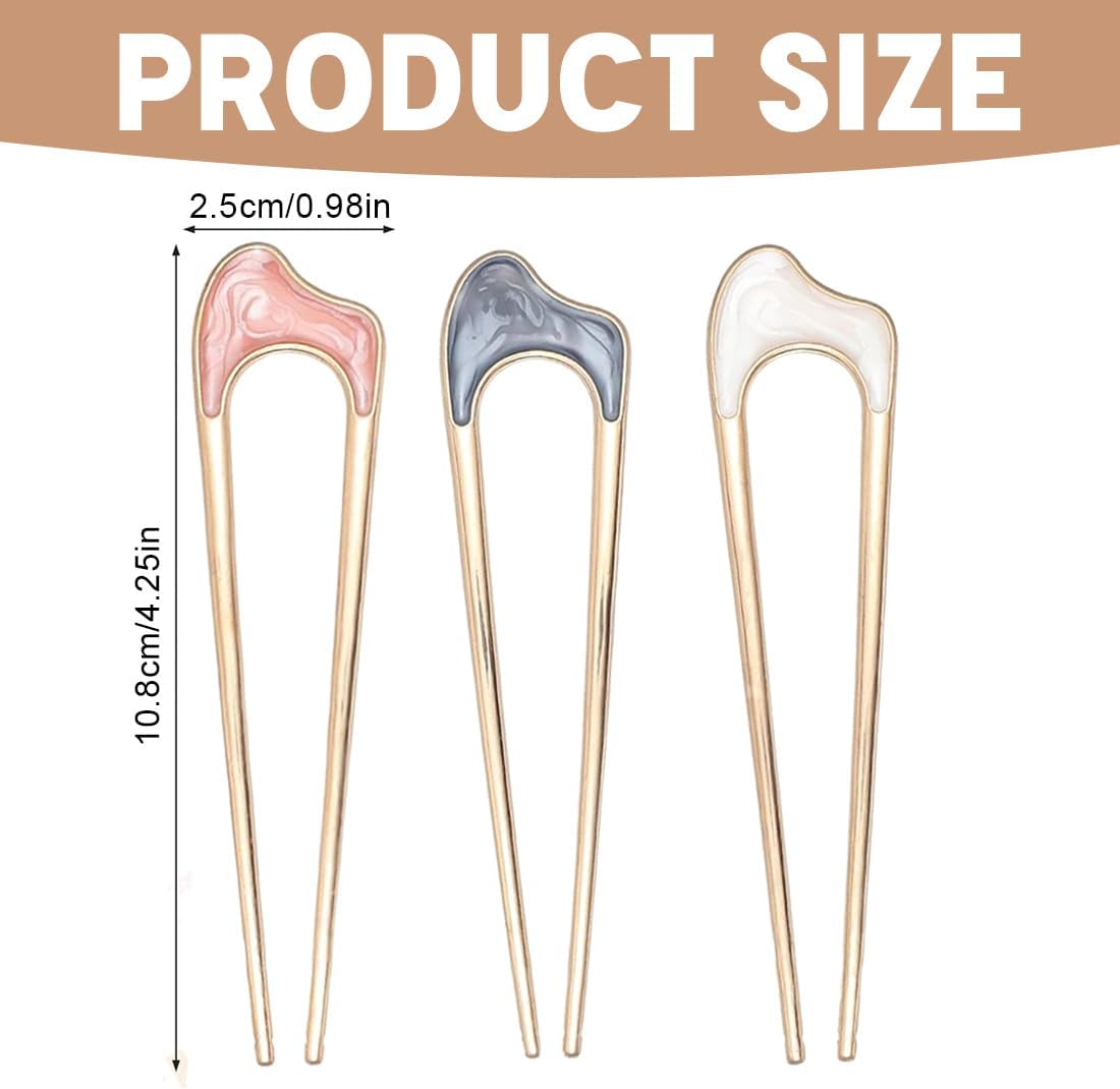 QOWIJEX Pack of 3 U-Shaped Hairpin French Style Hair Clip Shell Hair Pin Metal Hairpin Fork Sticks Tines Chignon Pens for Women Hair Styling Accessories (Pink + Azul + White) image number 2