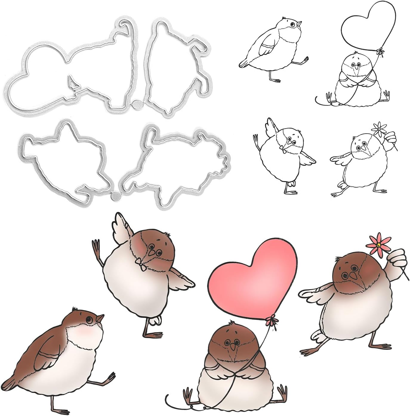 Stamps and Dies for Card Making, Metal Animal Cutting Die Stamp with Heart Funny Birds Stamps and Dies with Silicone Stamp for Paper Albums DIY Arts Crafts image number 1