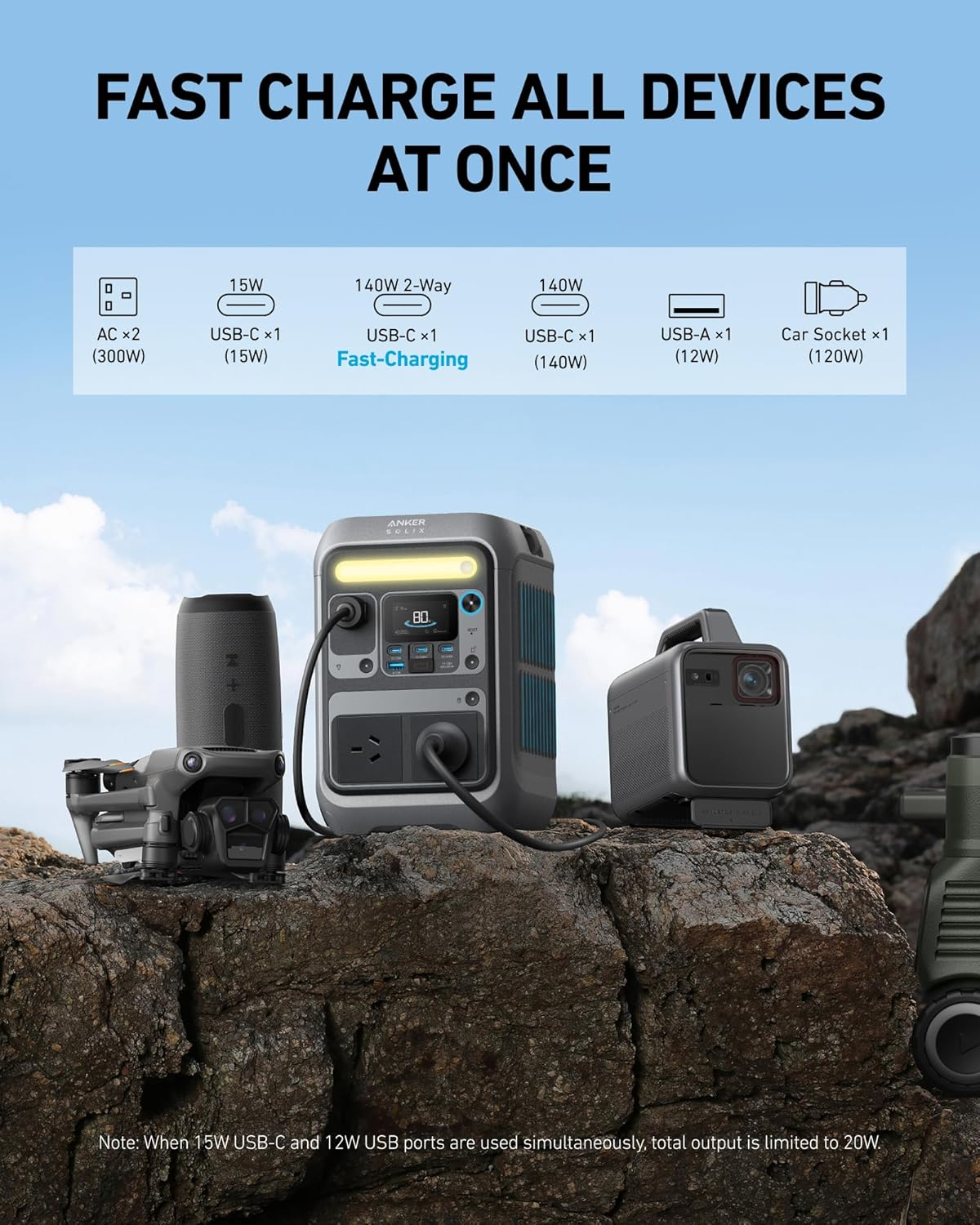 Anker Portable Power Station SOLIX C300, 288Wh Lifepo4 Battery, 300W (600W Surge) Solar Generator, 140W Two-Way Fast Charging, for Outdoor Camping, Traveling, and Emergencies (Solar Panel Optional) image number 5