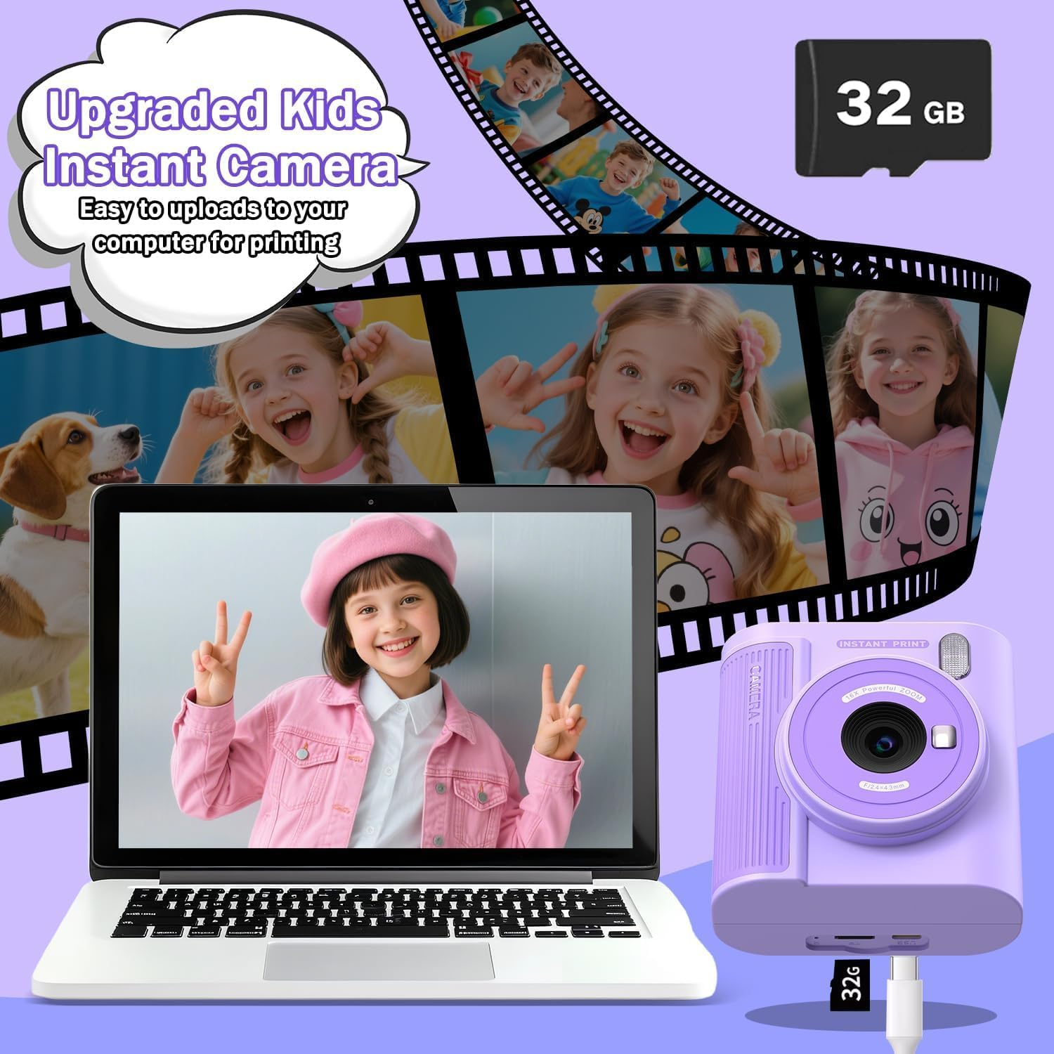 ZONEY Instant Print Camera for Kids, Birthday Gifts for Girls Boys,1080P Kids Digital Camera with Dual Camera Toys for 4 5 6 7 8 9 10 Year Old Girl with 32GB SD Card(Purple) image number 3