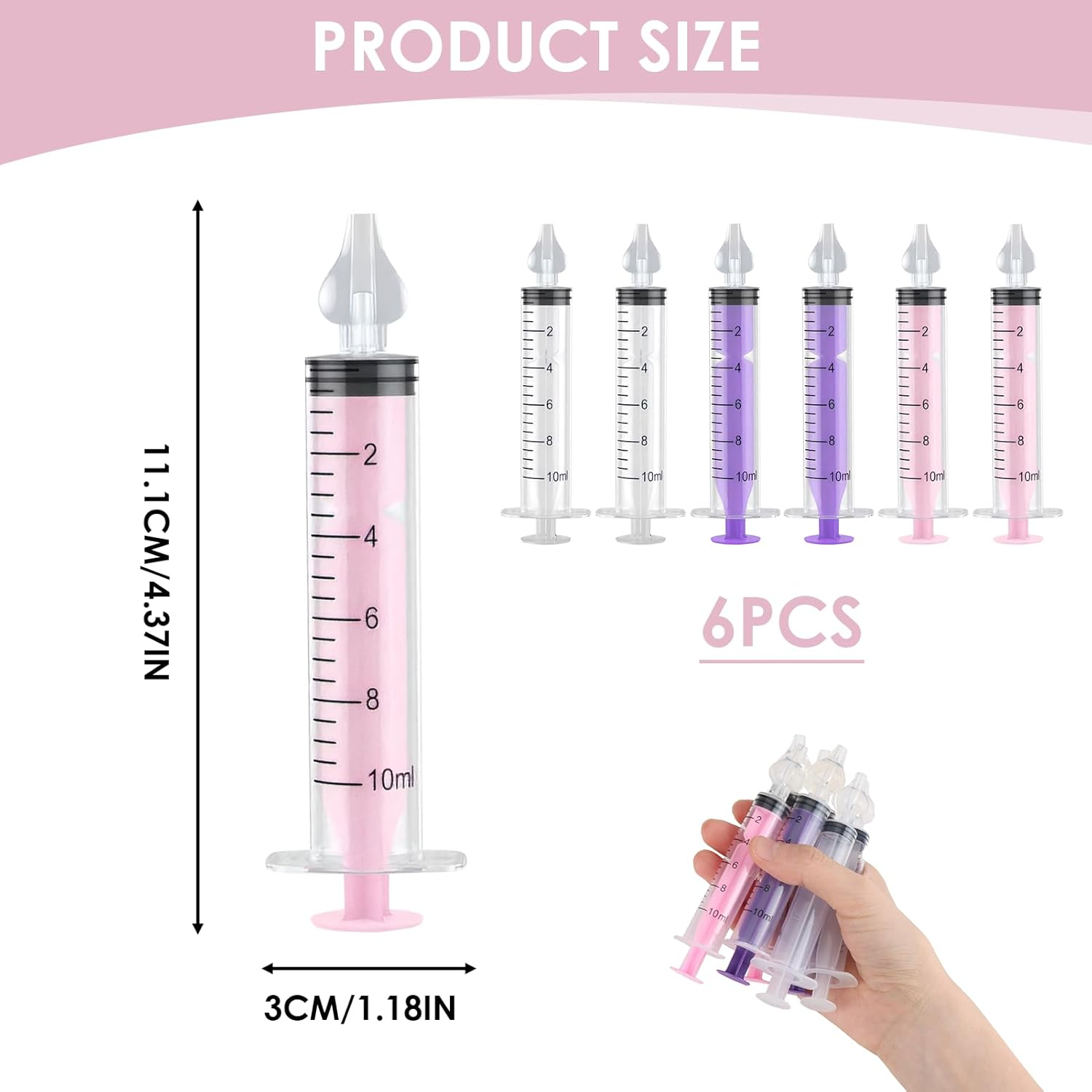 6 Pcs Professional Baby Nasal Aspirator with Soft Silicone Tip, 10Ml Portable Nasal Irrigator, Safe Nose Cleaner for Newborns & Infants for Clear Blocked Noses Gentle Rinse(White Purple Pink)