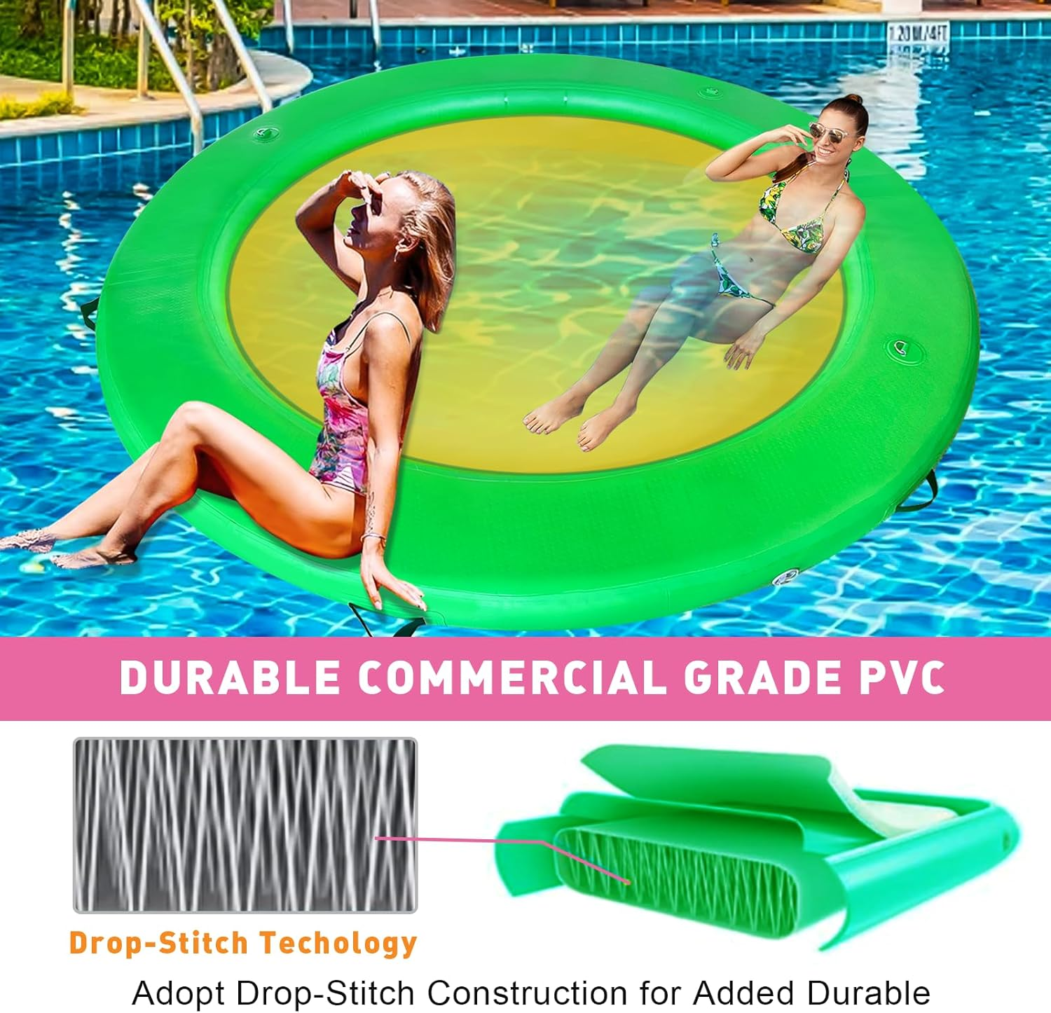 8FT Inflatable Dock round Floating Island with Mesh, Lounge Inflatable Water Hammock Pool Float Ring for Lake - Mint Green - Pink image number 6